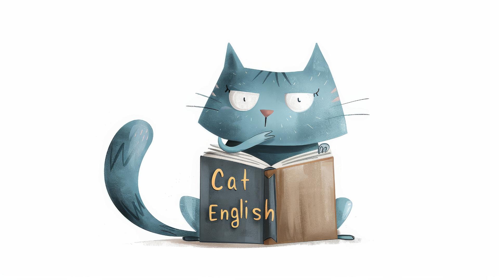 Blue cat reading 'Cat English' book, Jon Klassen style, pastel colors.
