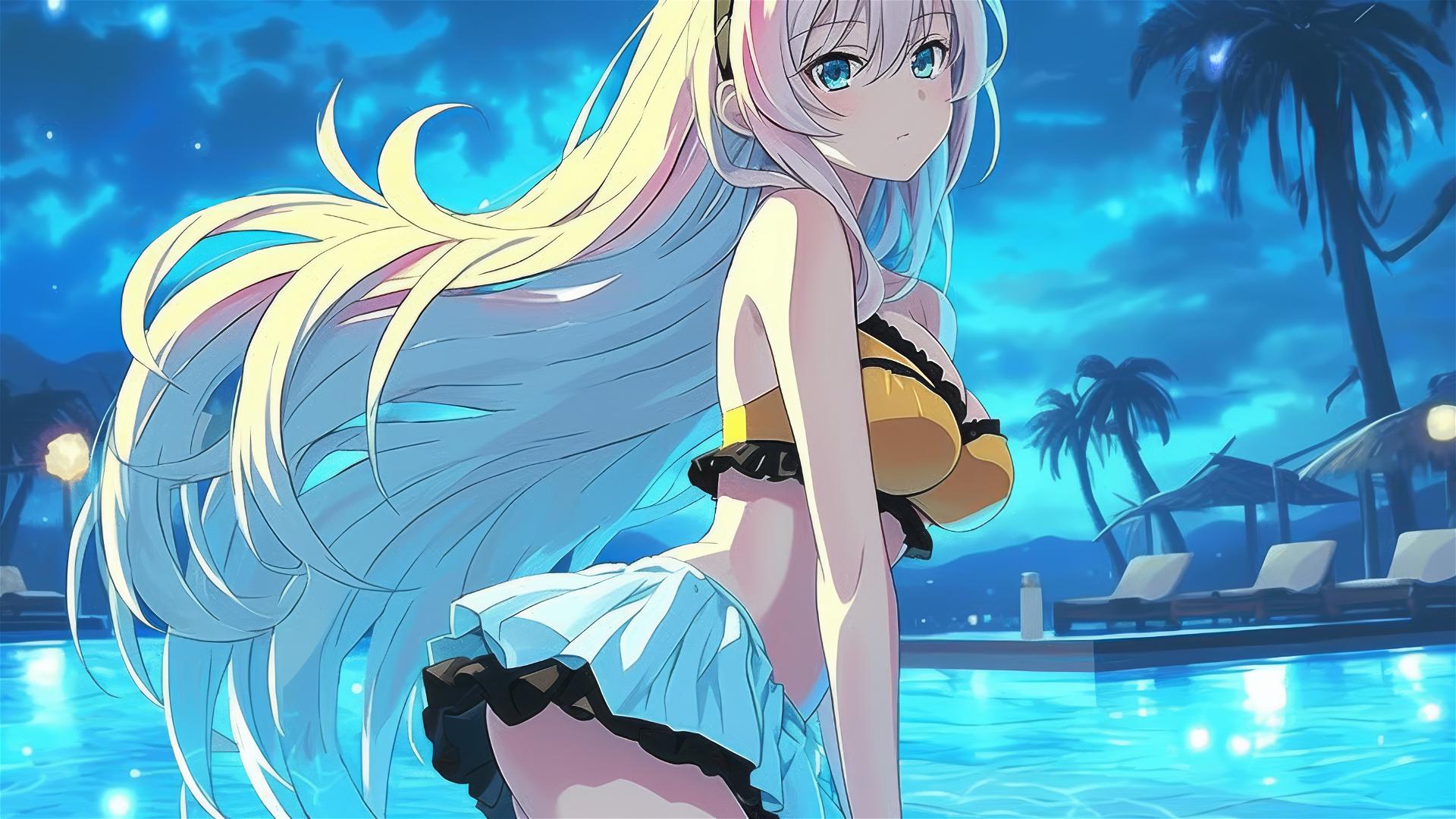 Celistia Ralgris from Undefeated Bahamut Chronicle standing in pool under moonlight