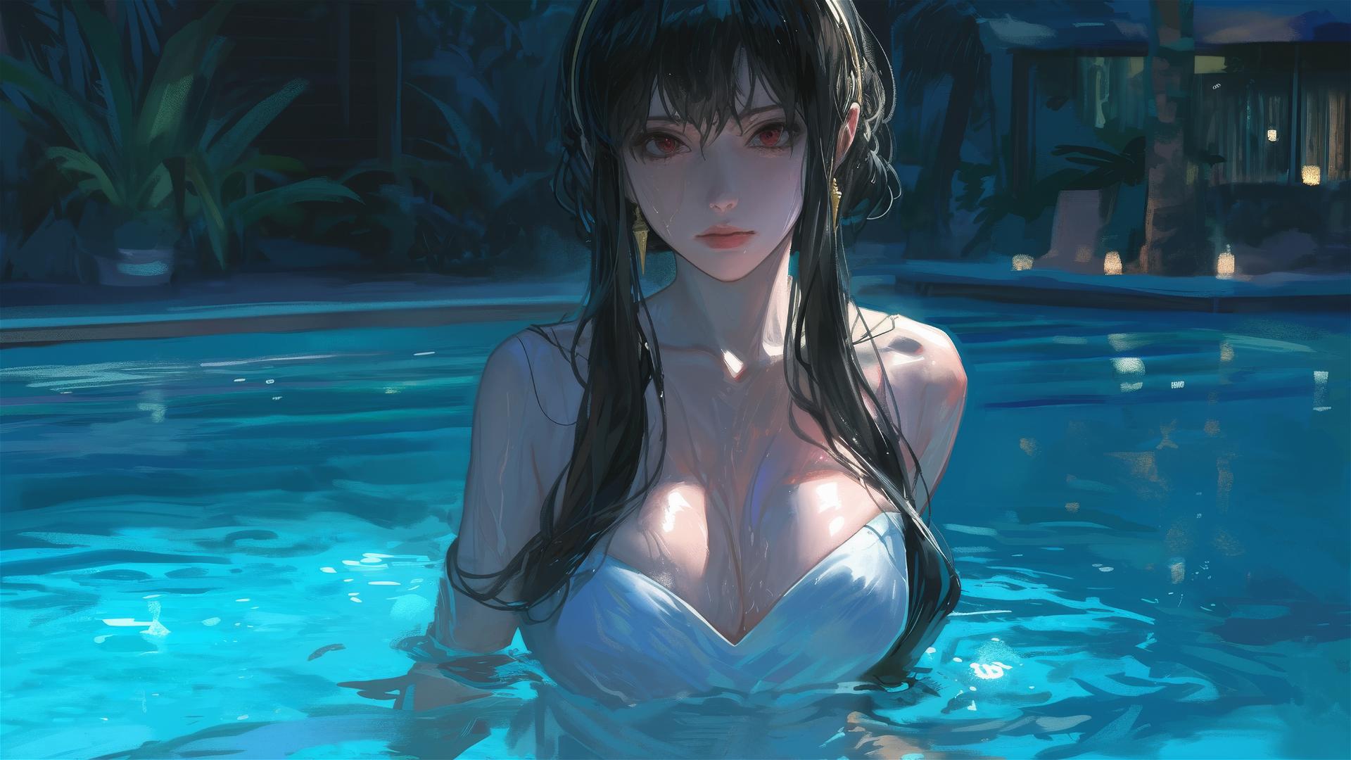 Yor Forger from Spy x Family in a white bunny girl outfit standing in a pool under moonlight on a rainy day