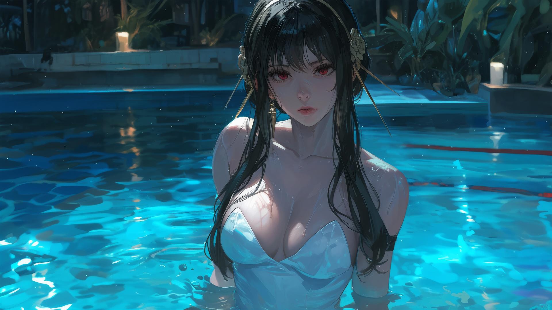 Yor Forger as a bunny girl in a pool under moonlight on a rainy day, dressed in white