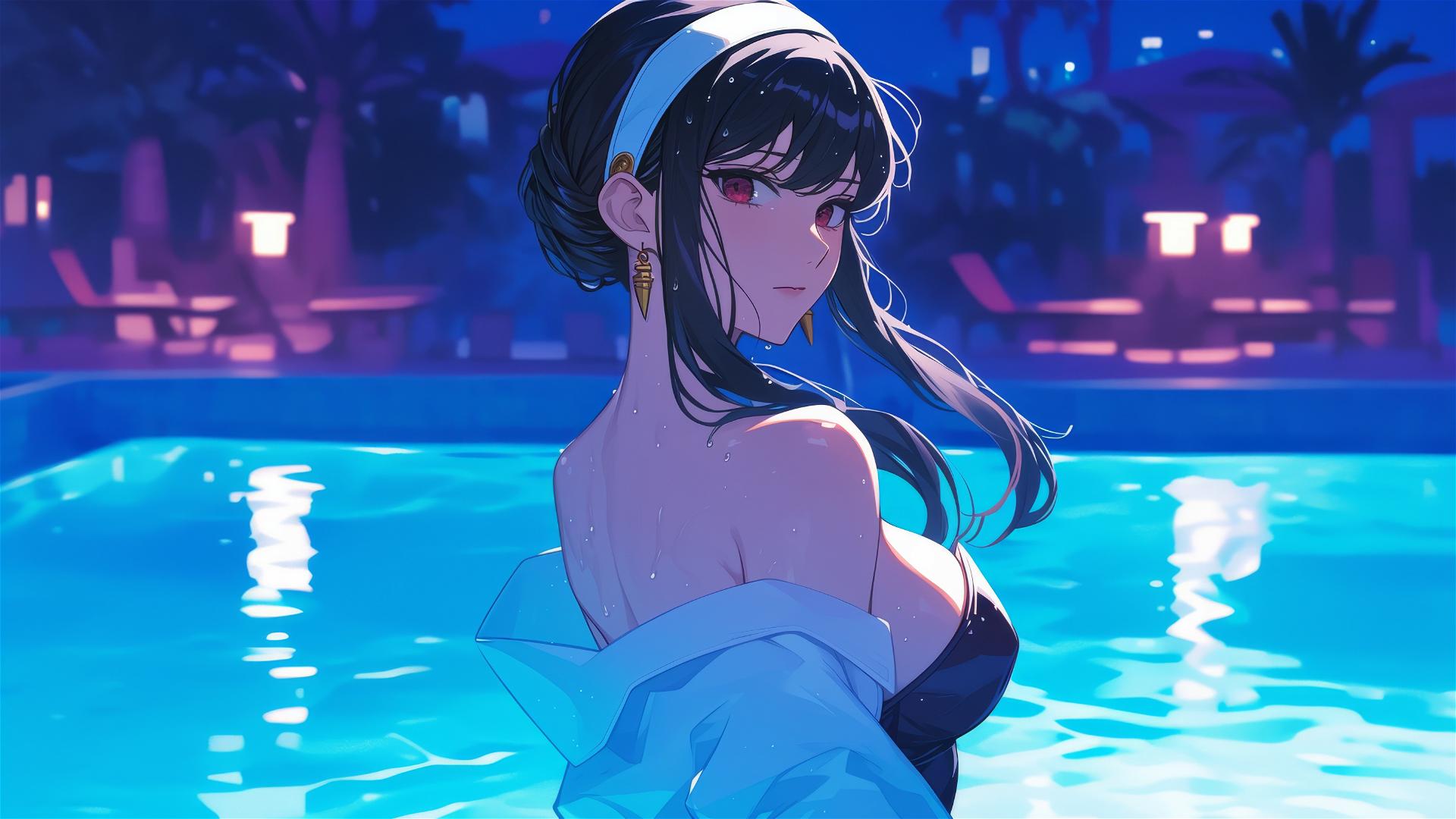 Yor Forger in bunny girl outfit standing in a pool under moonlight on a rainy day