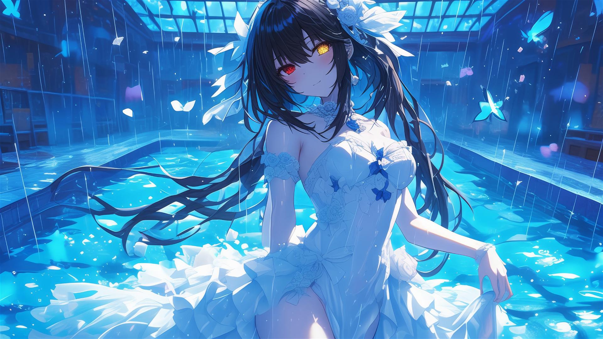 Kurumi Tokisaki from Date A Live standing in rain at pool with moonlight on her white dress and heterochromia eyes