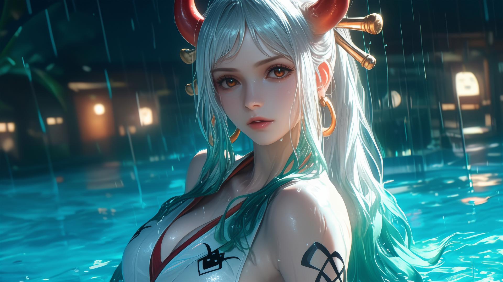 Yamato from One Piece standing in a pool under moonlight in the rain