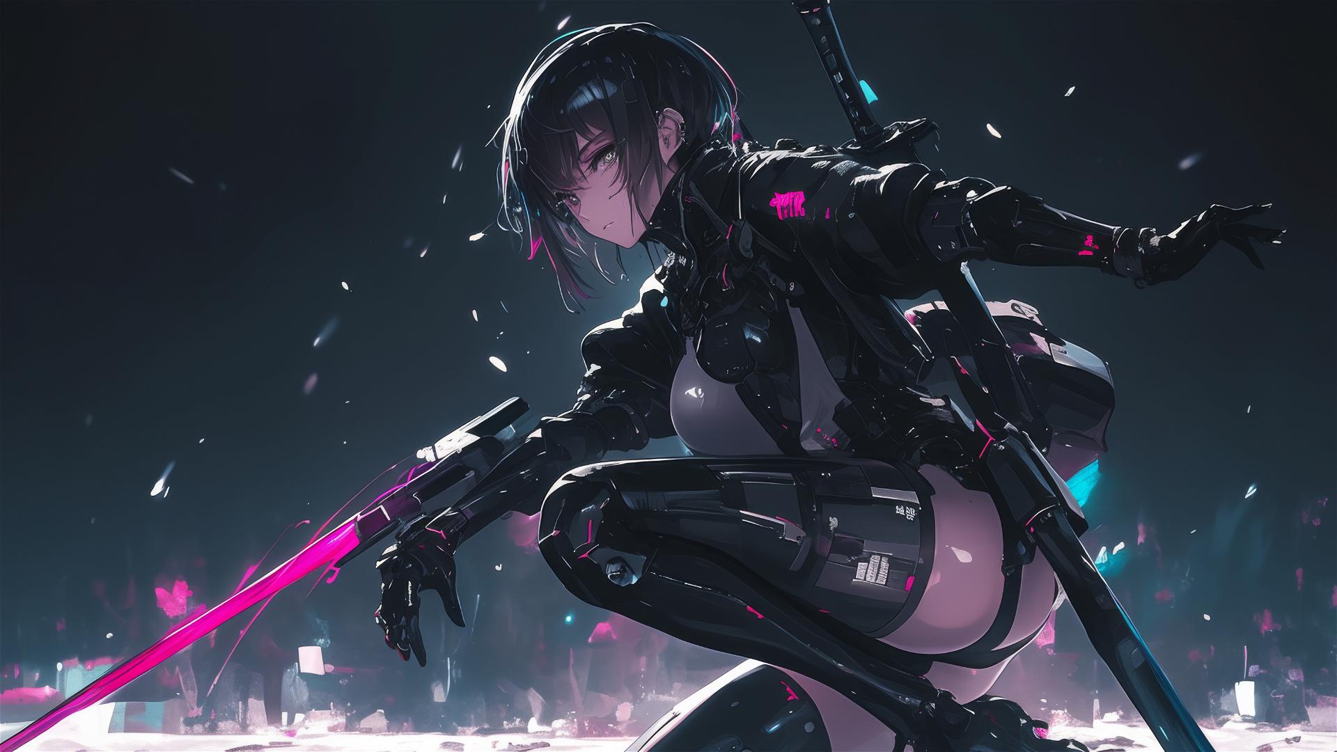 Cybernetic Agent Girl in dynamic pose with thigh focus and spotlight effect on dark background