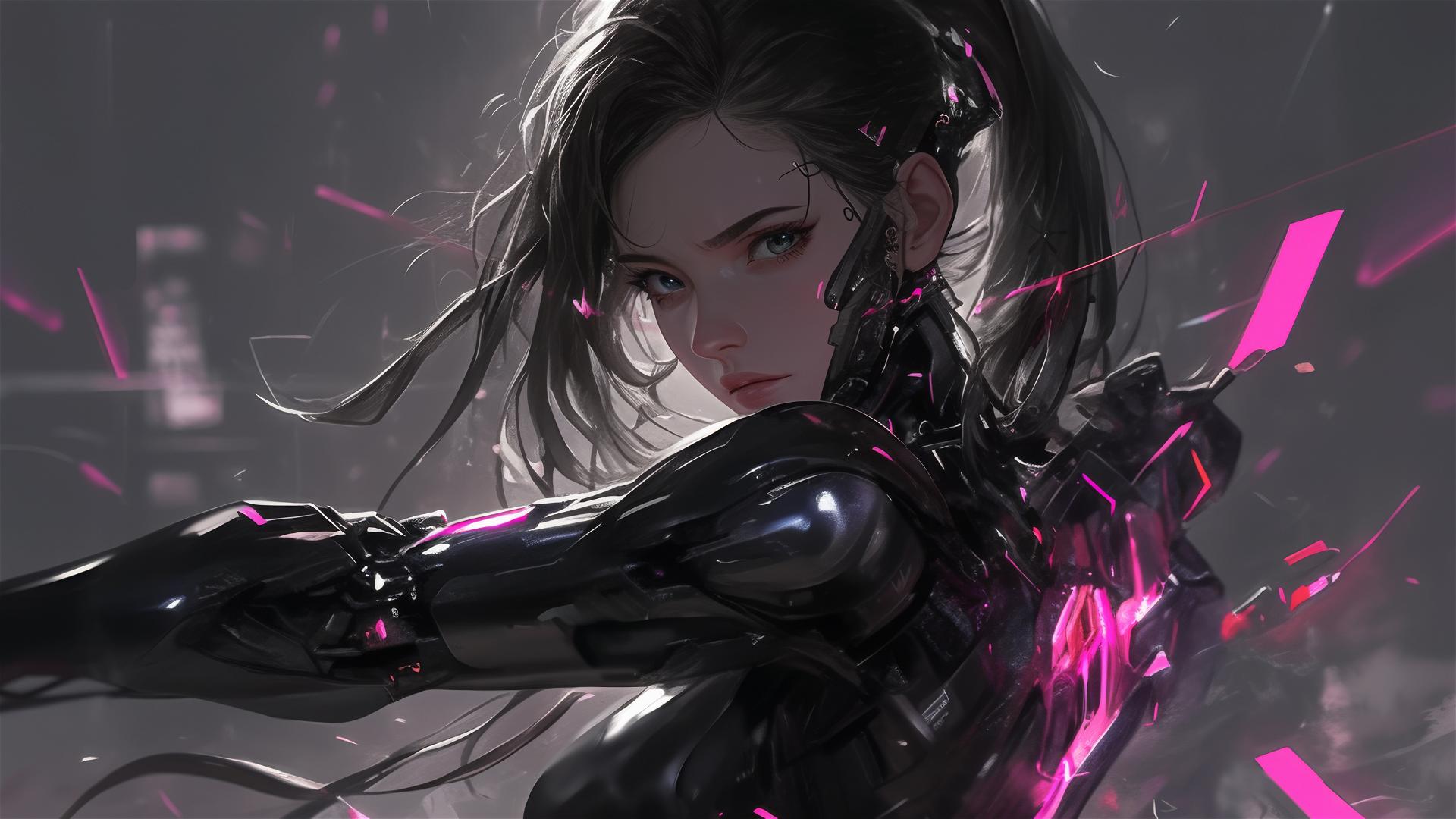 Cybernetic Agent Girl with thigh focus on dark backdrop