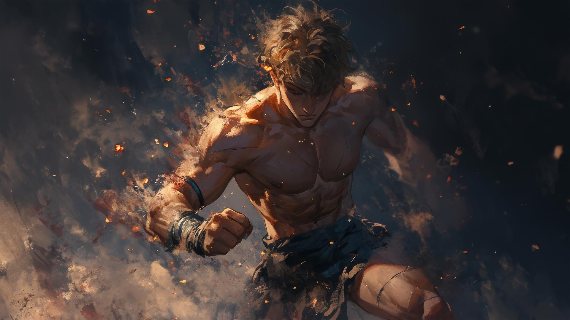 Gladiator warrior in dynamic pose with thigh focus on dark background