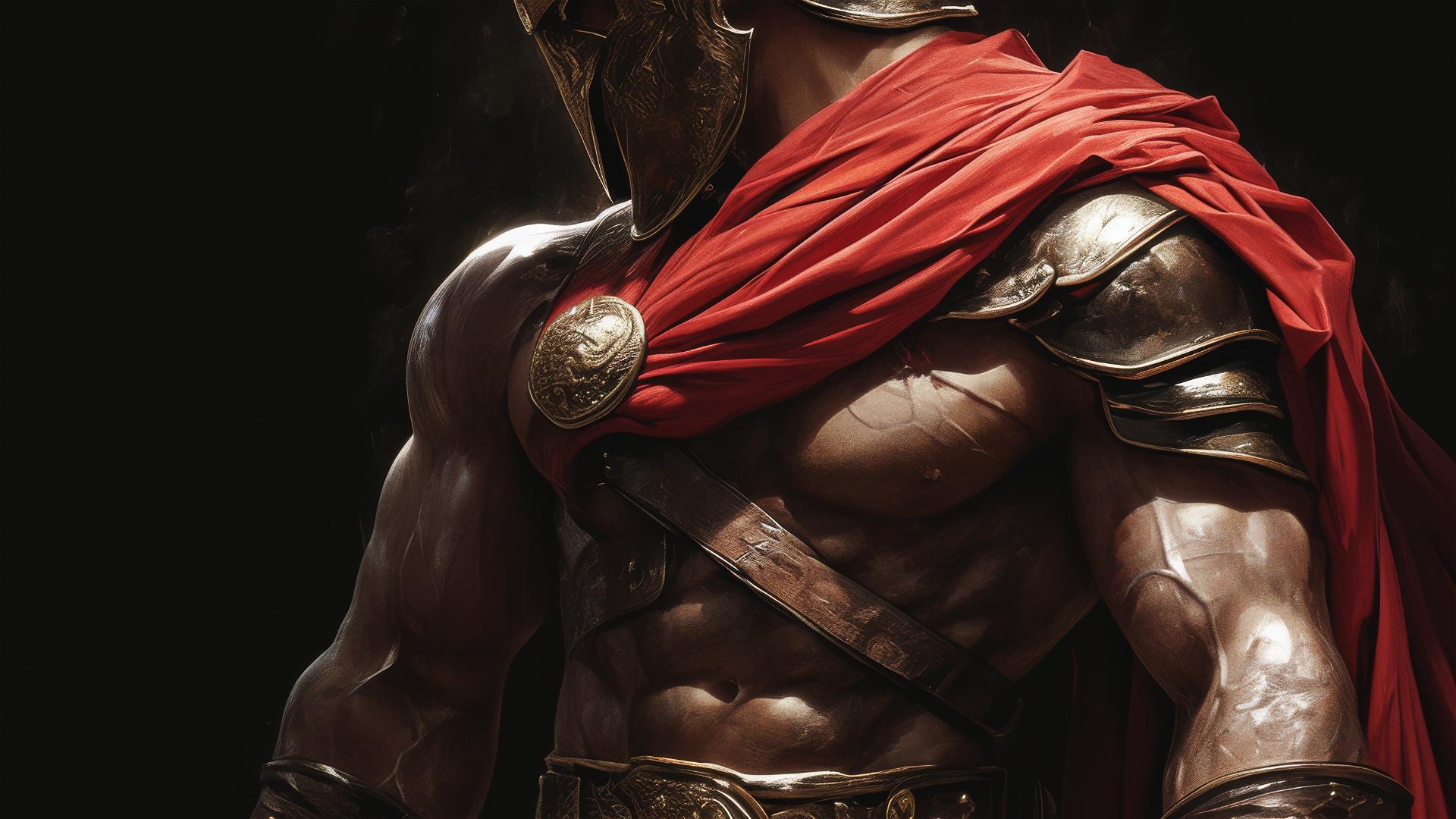 Gladiator warrior with thigh focus on dark background