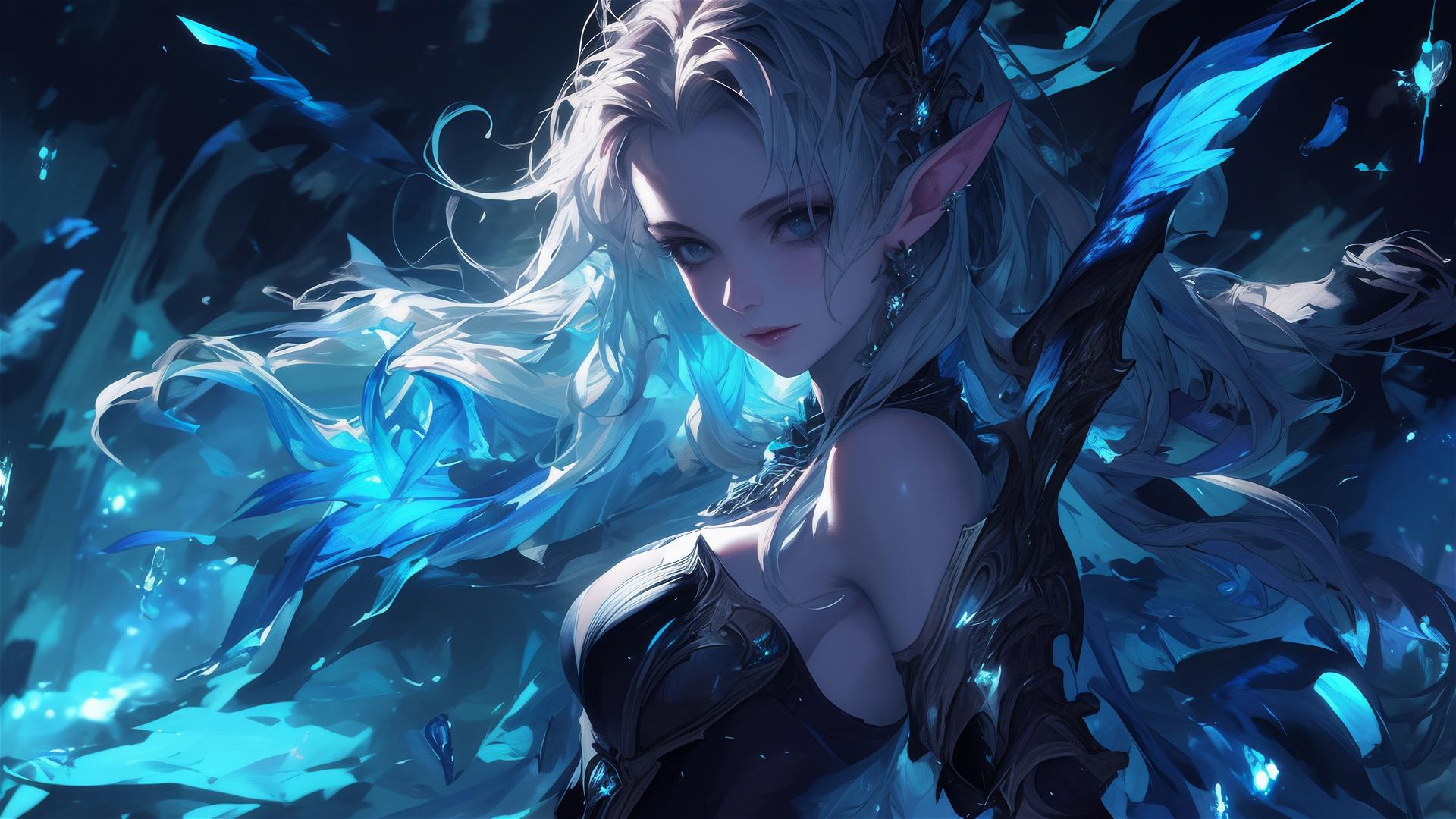 Fantasy Elf girl in dynamic pose on dark background with spotlight effect