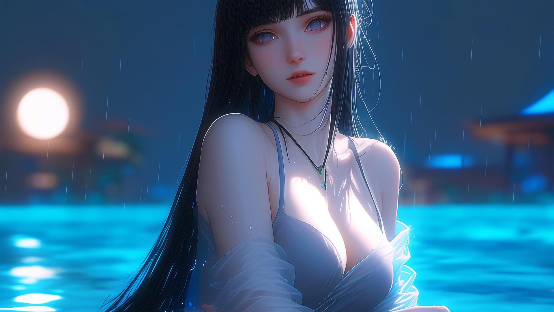 Hinata Hyuga resting by a rainy pool under moonlight