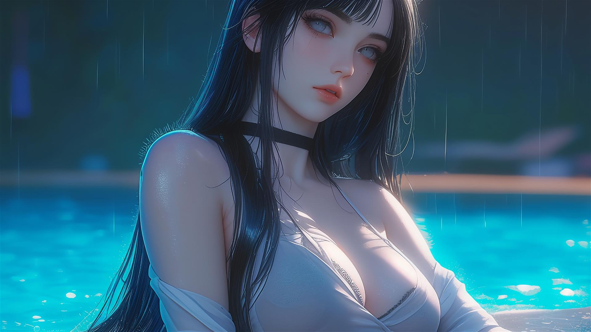 Hinata Hyuga resting by a pool in moonlight with rain