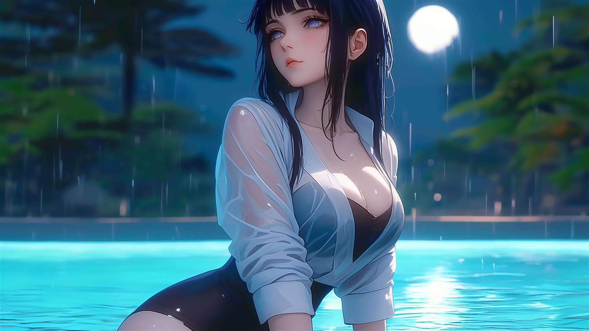 Hinata Hyuga from Naruto resting by pool in moonlight