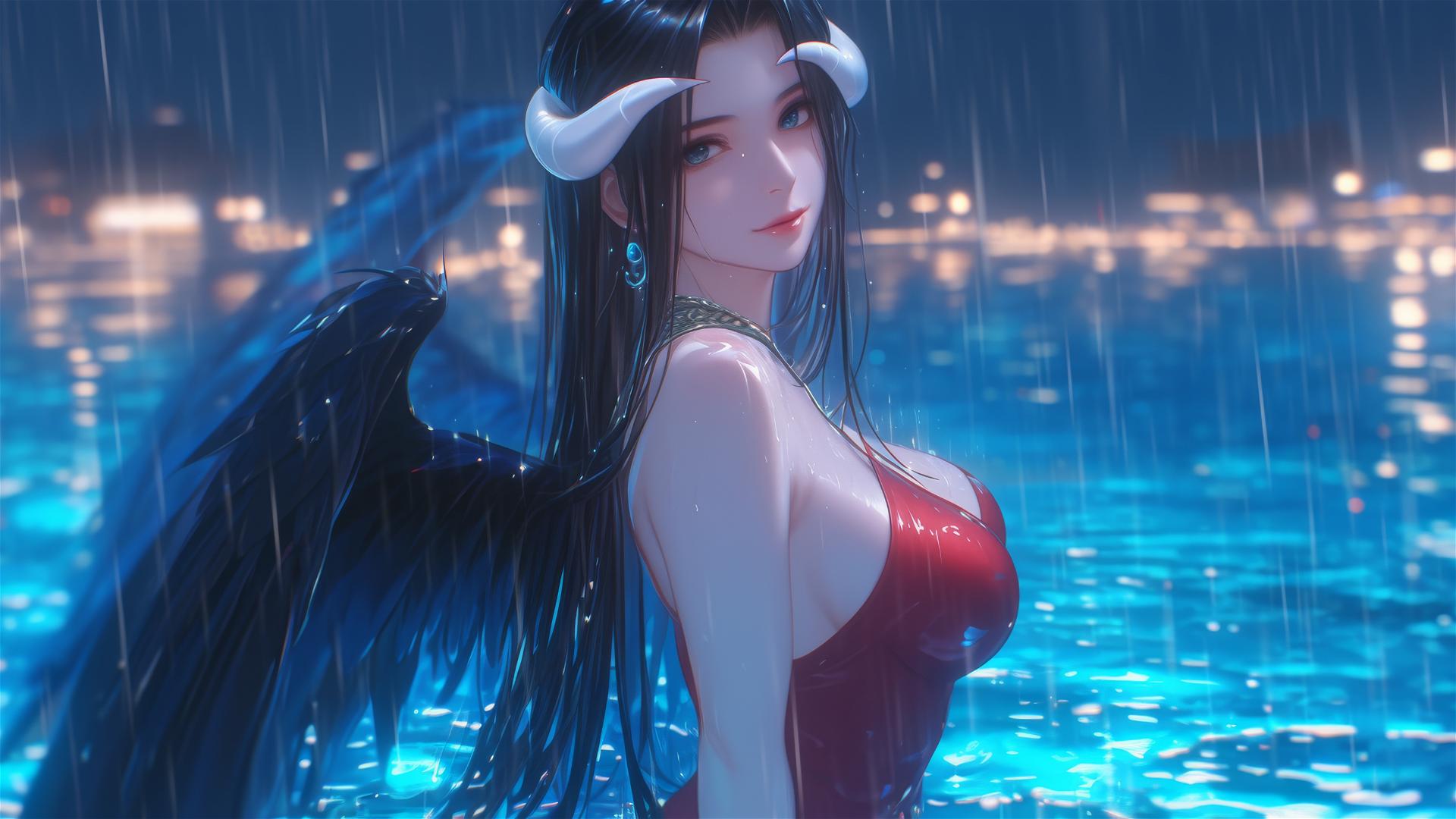 Albedo from Overlord standing in a pool under moonlight, in a red dress, rainy scene