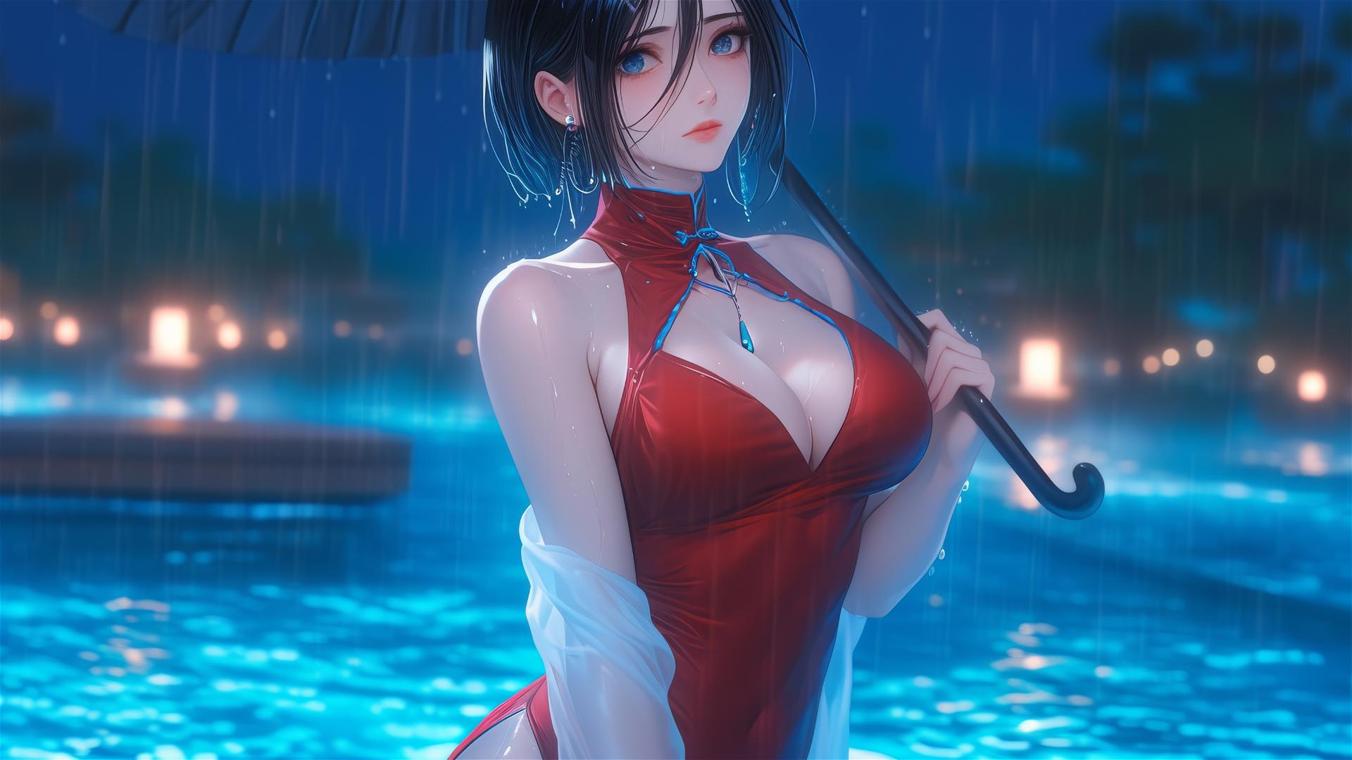Mikasa Ackerman in rain at poolside by moonlight