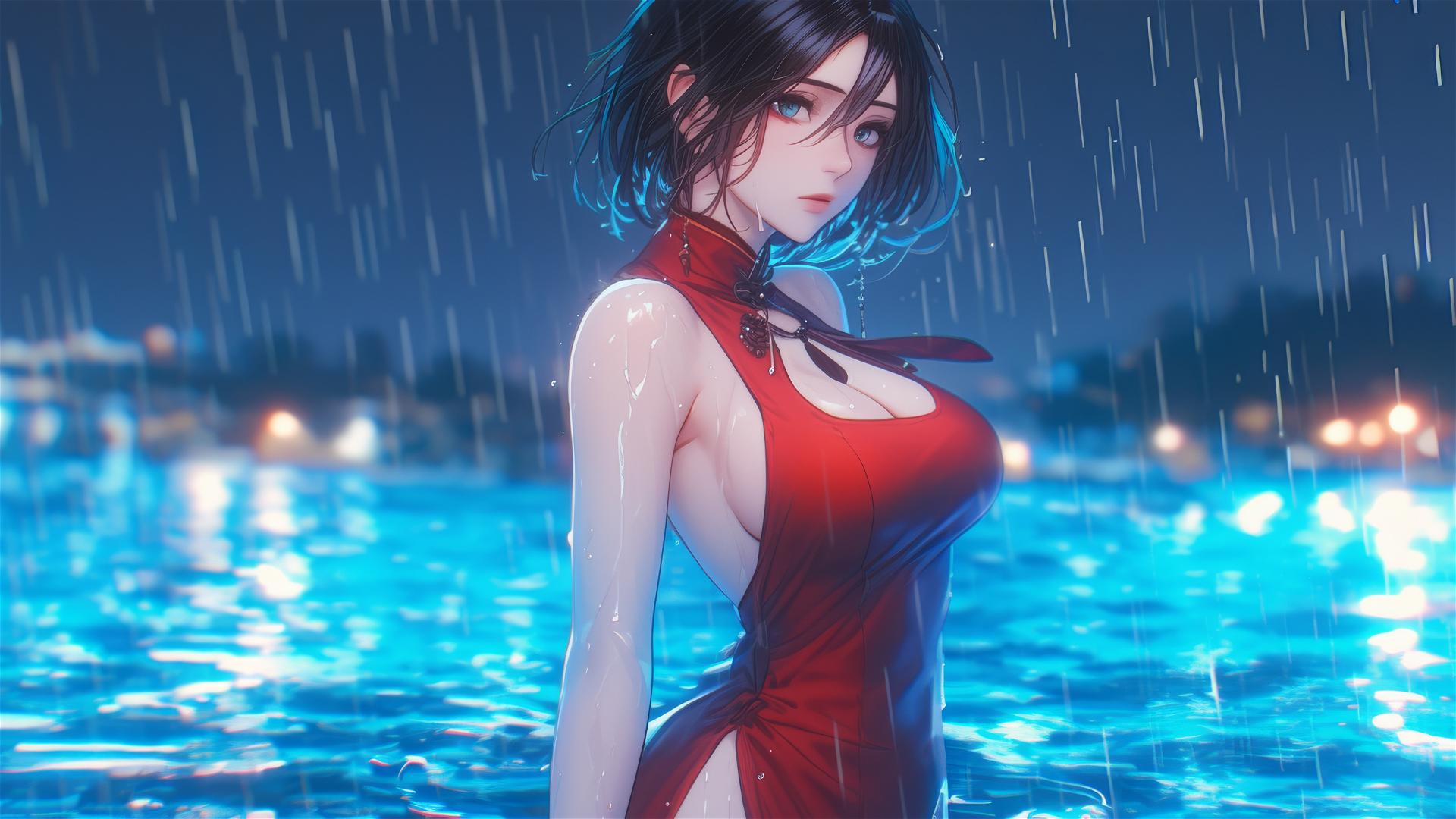 Mikasa Ackerman in red, standing in a rainy pool under moonlight
