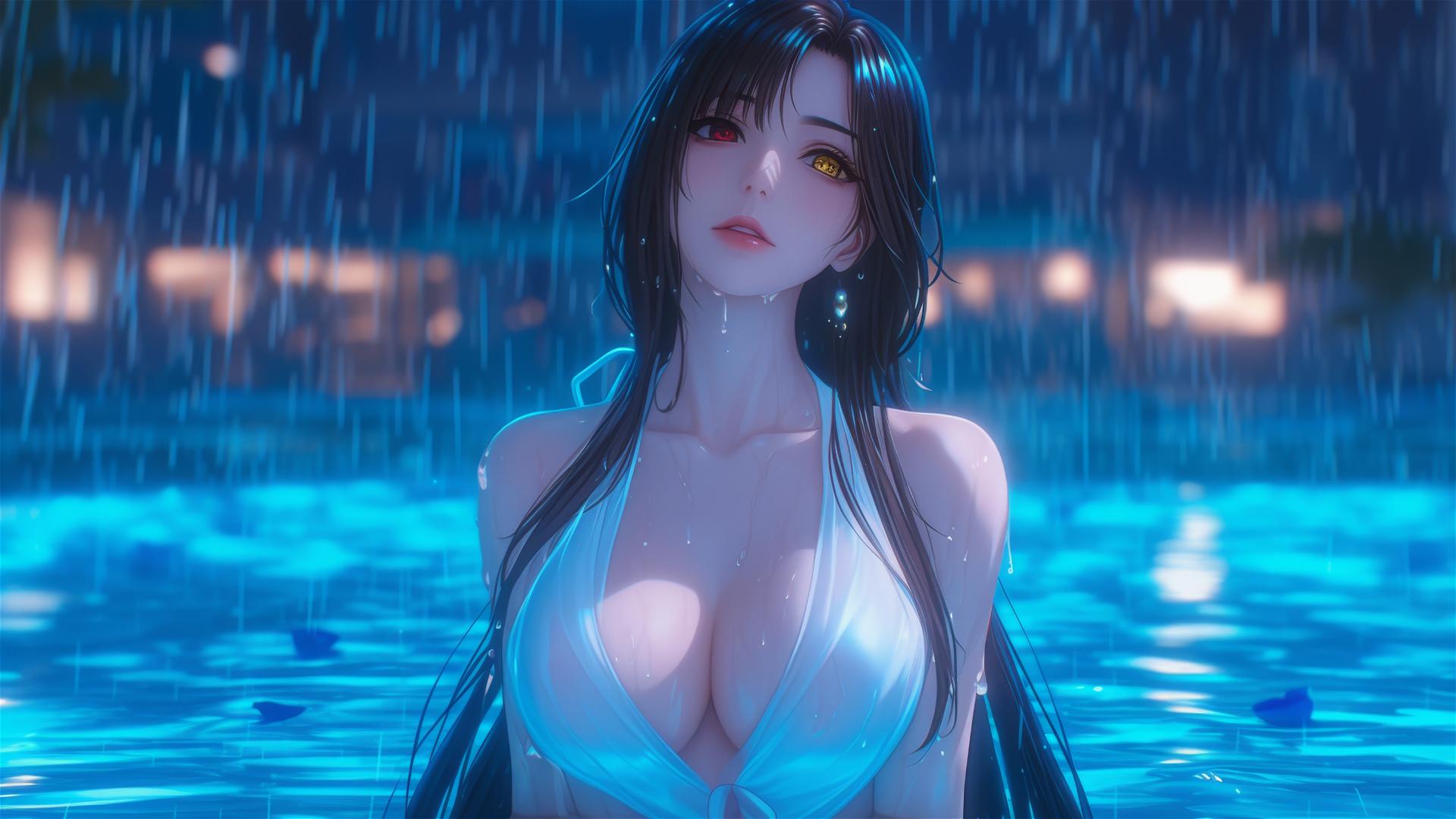Kurumi Tokisaki in a white dress in a moonlit rainy pool with one red and one yellow eye