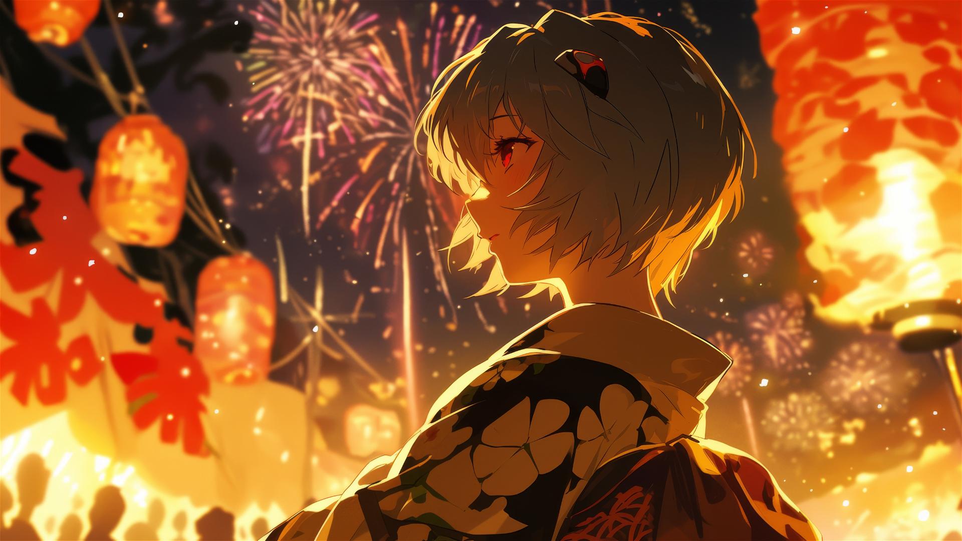 Rei Ayanami in a modern yukata watching fireworks at a summer festival