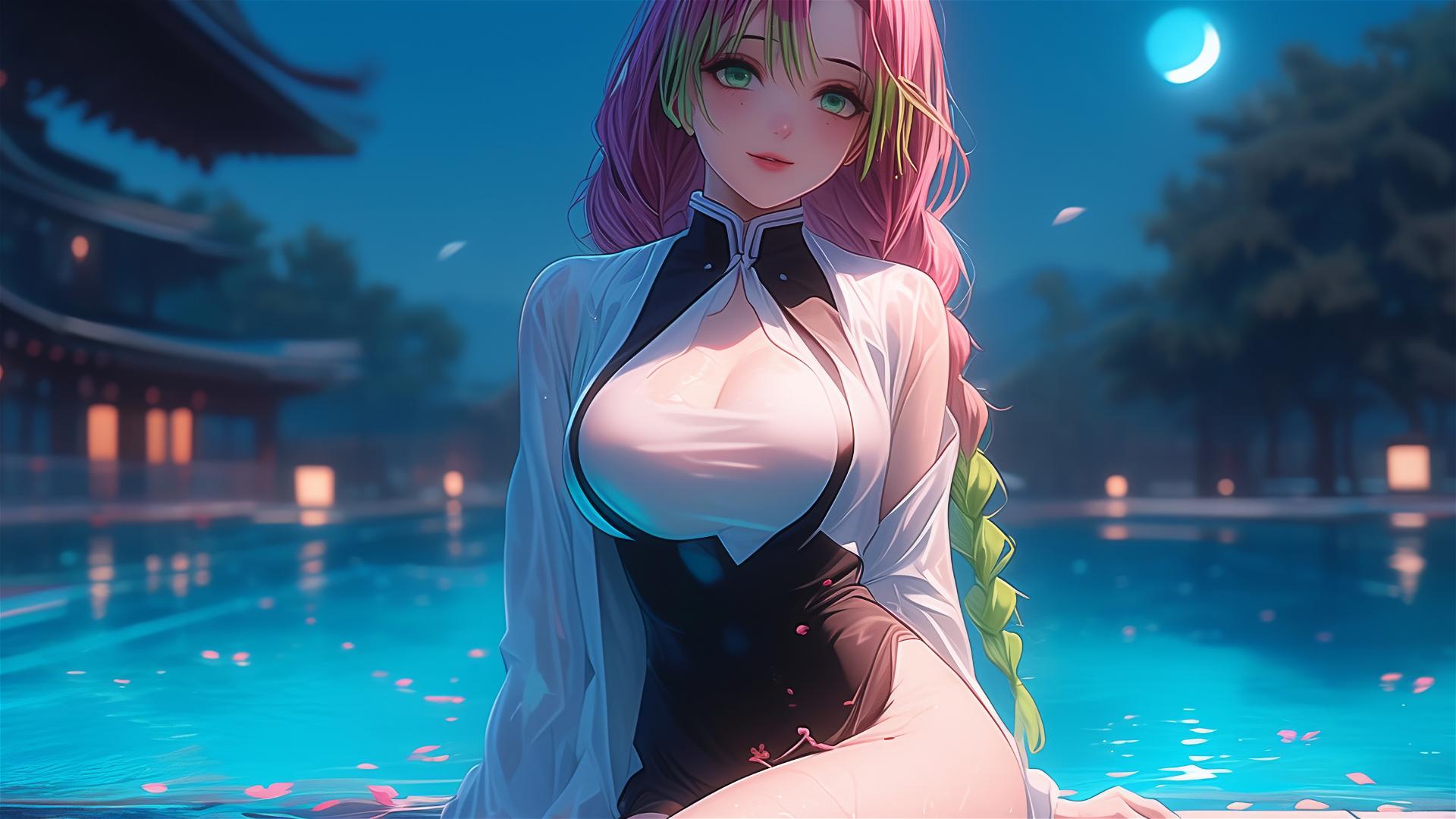 Mitsuri Kanroji resting by a rainy pool, moonlight on red dress