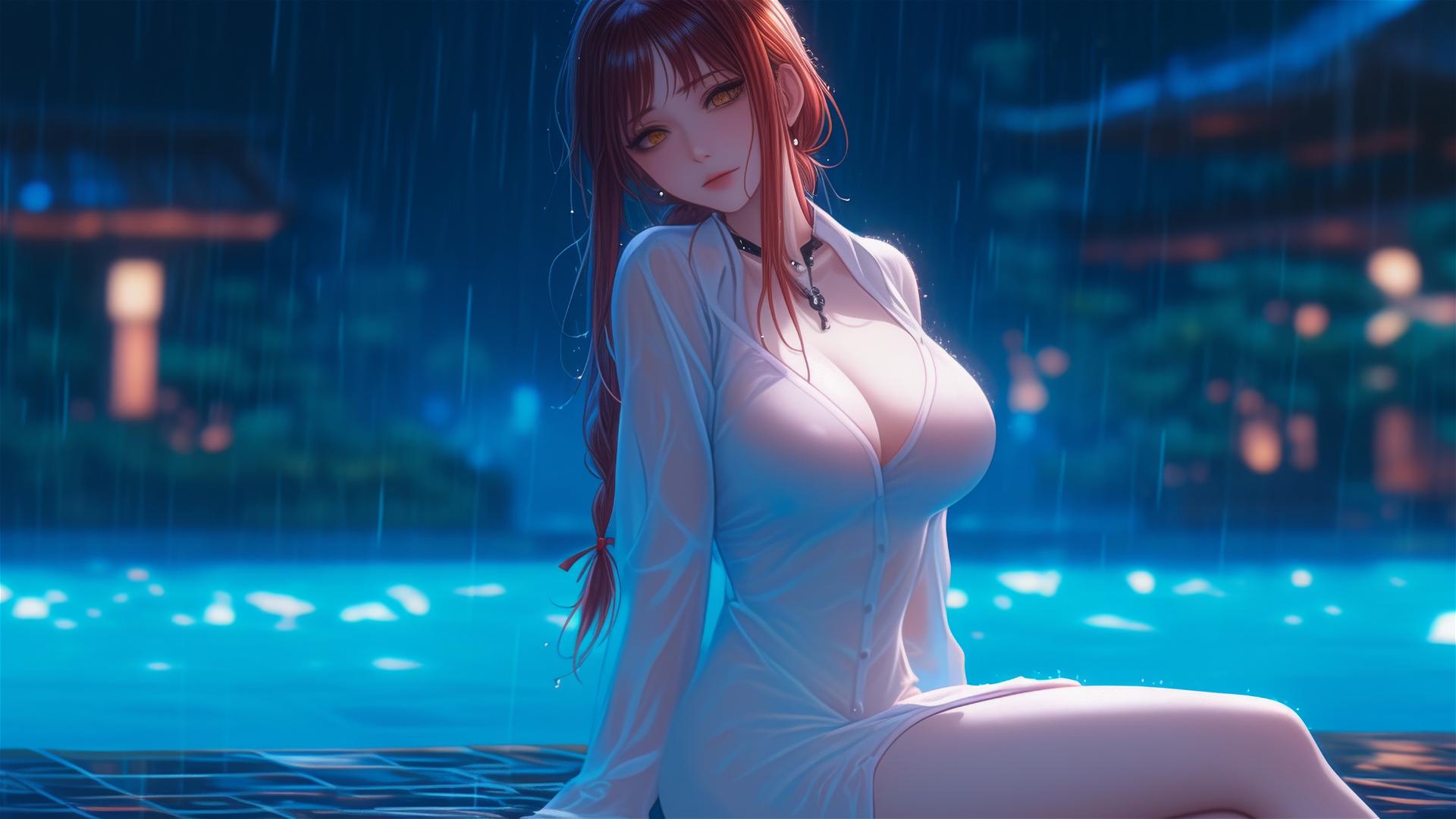 Makima from Chainsaw Man by the pool in moonlight, dressed in pink with blond hair, in heavy rain