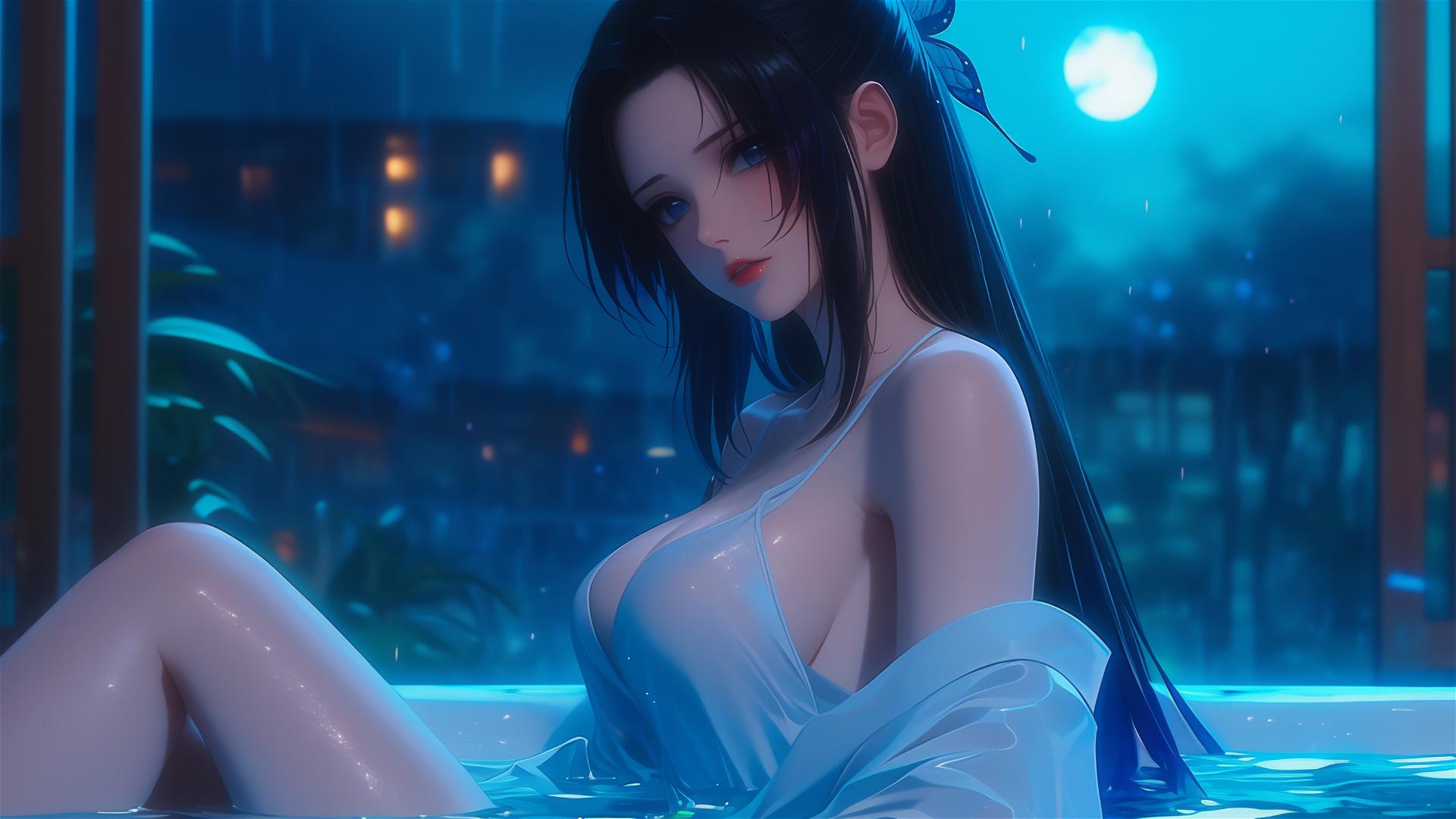 Shinobu Kocho relaxing in a tub under moonlit glow