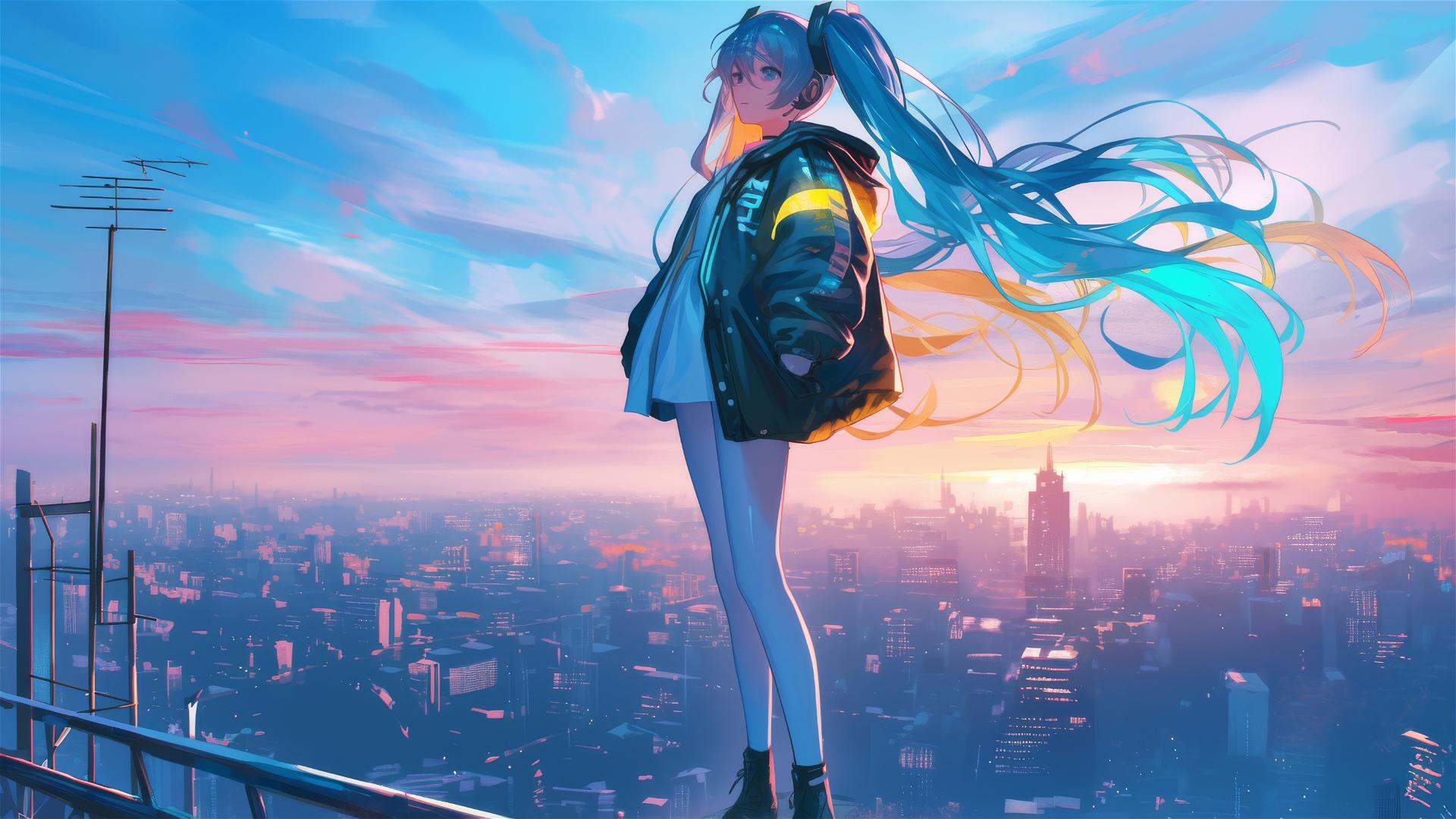 Hatsune Miku in neon attire on a city rooftop at dusk