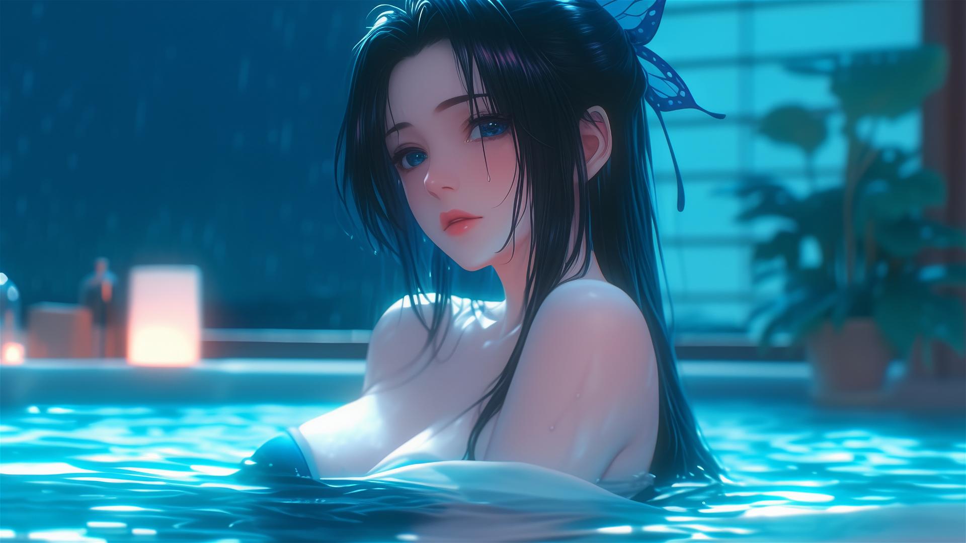 Shinobu Kocho from Demon Slayer resting in a tub with moonlight glow