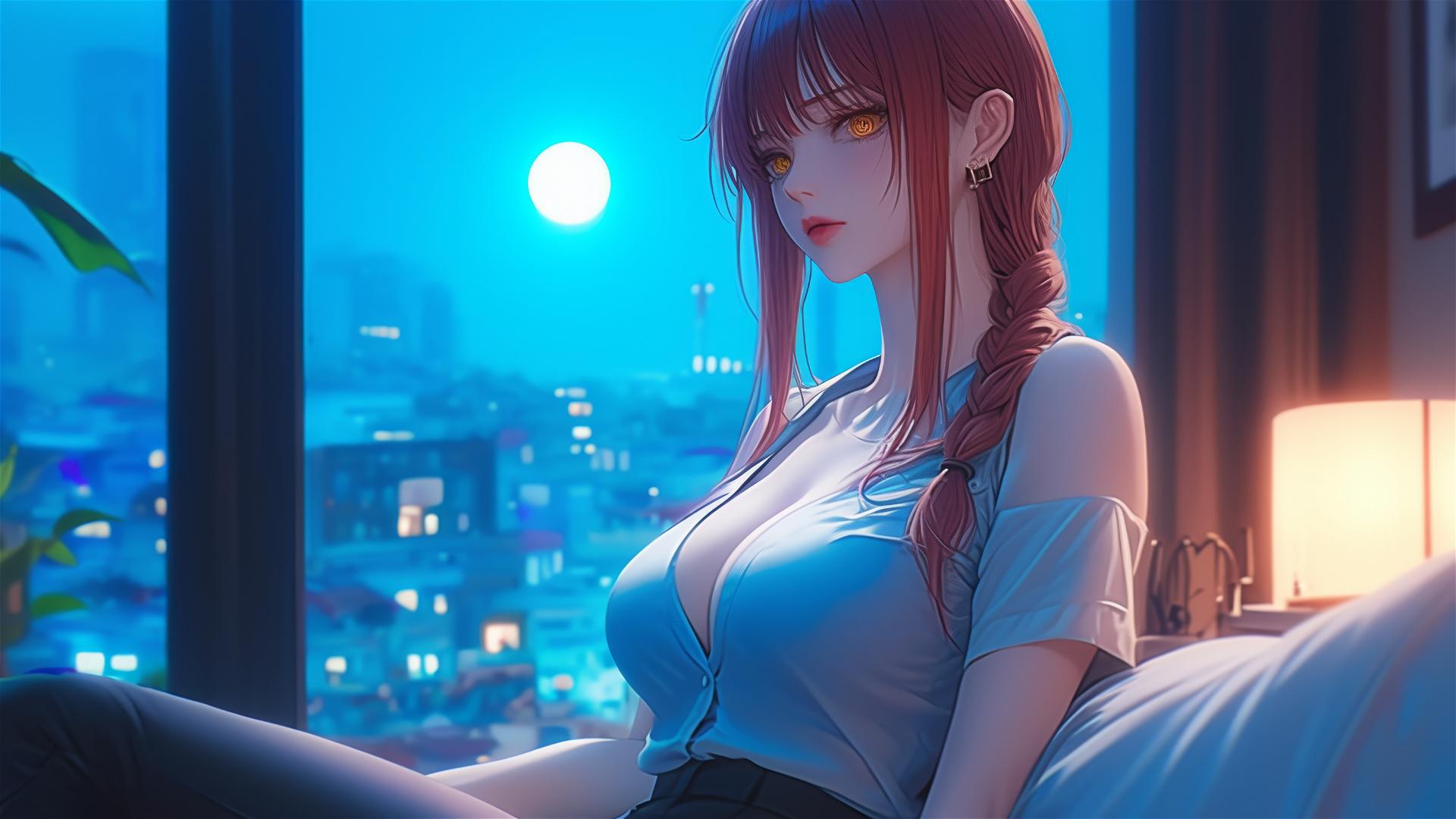 Makima from Chainsaw Man resting at apartment under moonlight, with blond and reddish hair