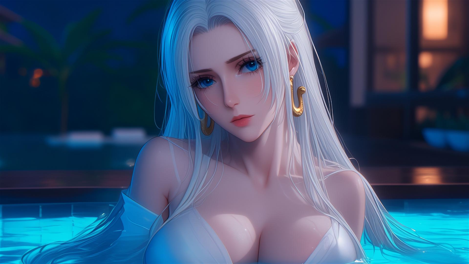 Boa Hancock from One Piece resting in a tub under moonlight, her white hair glows softly