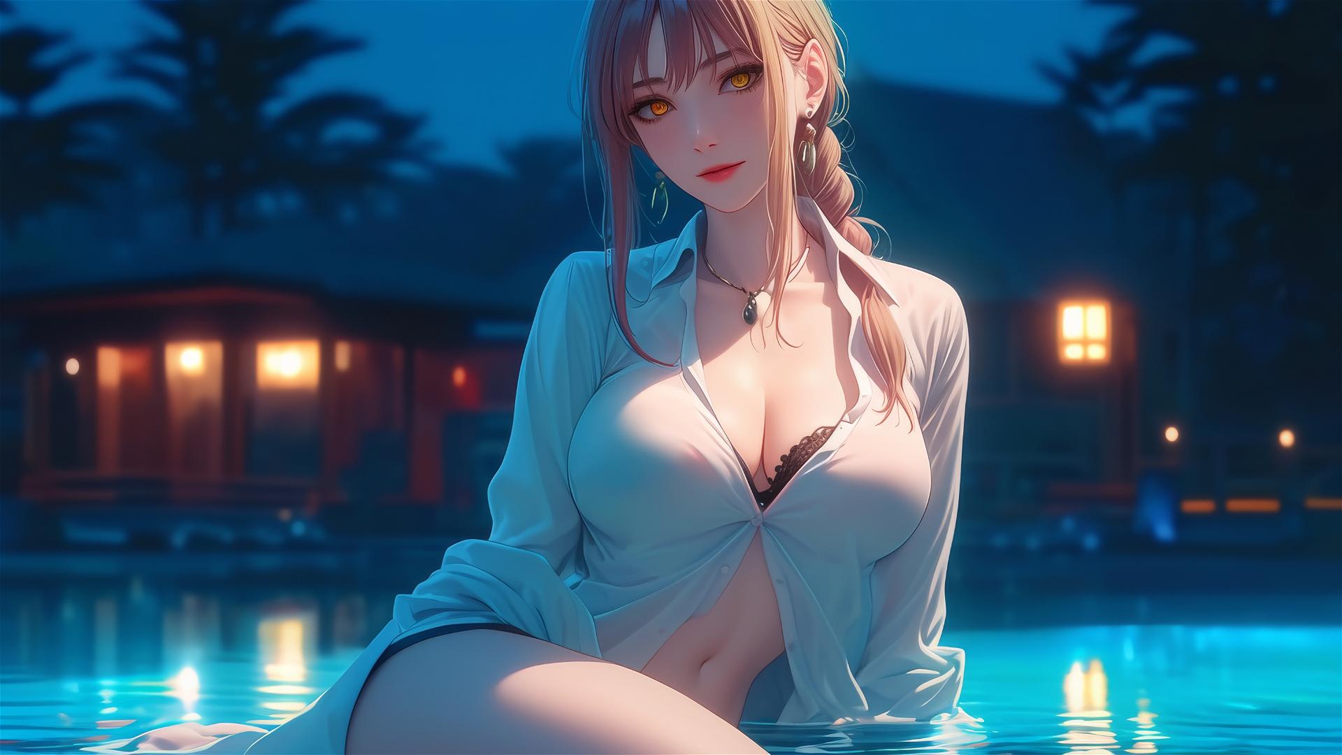 Makima from Chainsaw Man resting in tub under moonlight with blond and redish hair