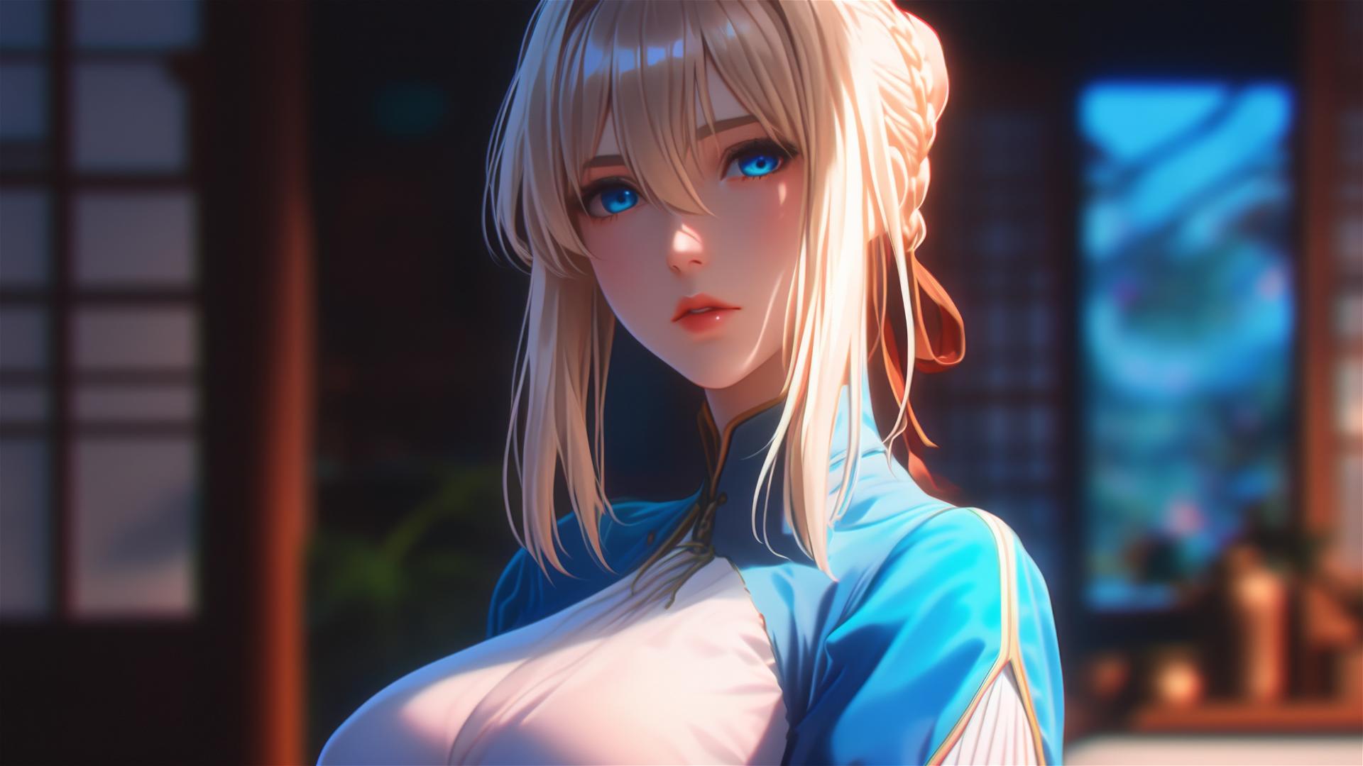 Violet Evergarden standing at her house under the moonlight