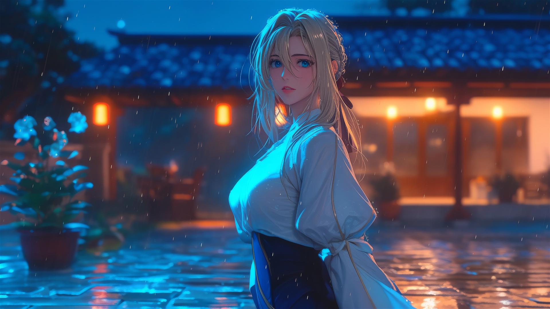 Violet Evergarden standing at her house under moonlight
