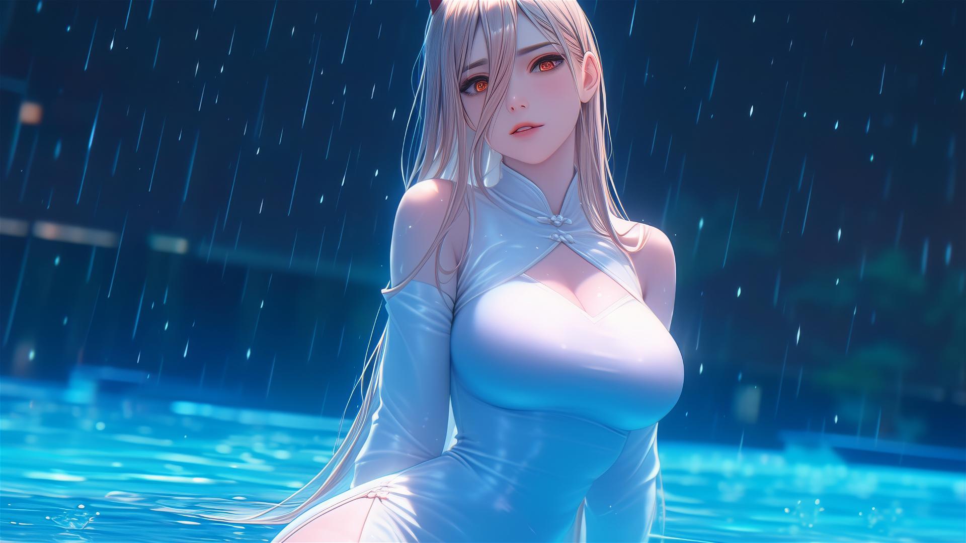 Power from Chainsaw Man at rainy pool, dynamic pose with thigh focus, blond hair and red horns