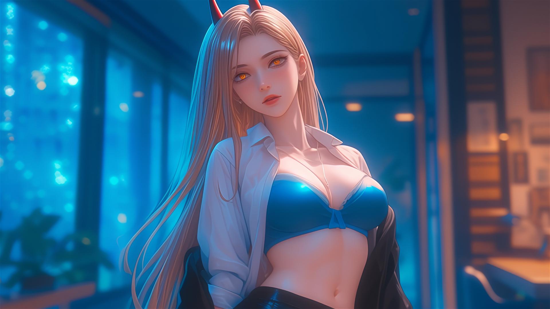 Remote angle view of Power from Chainsaw Man in an office hallway, highlighting her thighs, blonde hair, red horns, and yellow eyes.