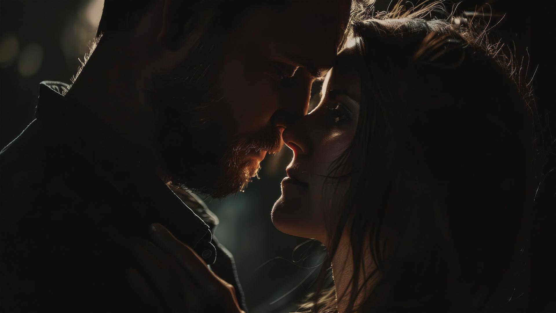 A 35-year-old loving couple in a dark-toned photograph