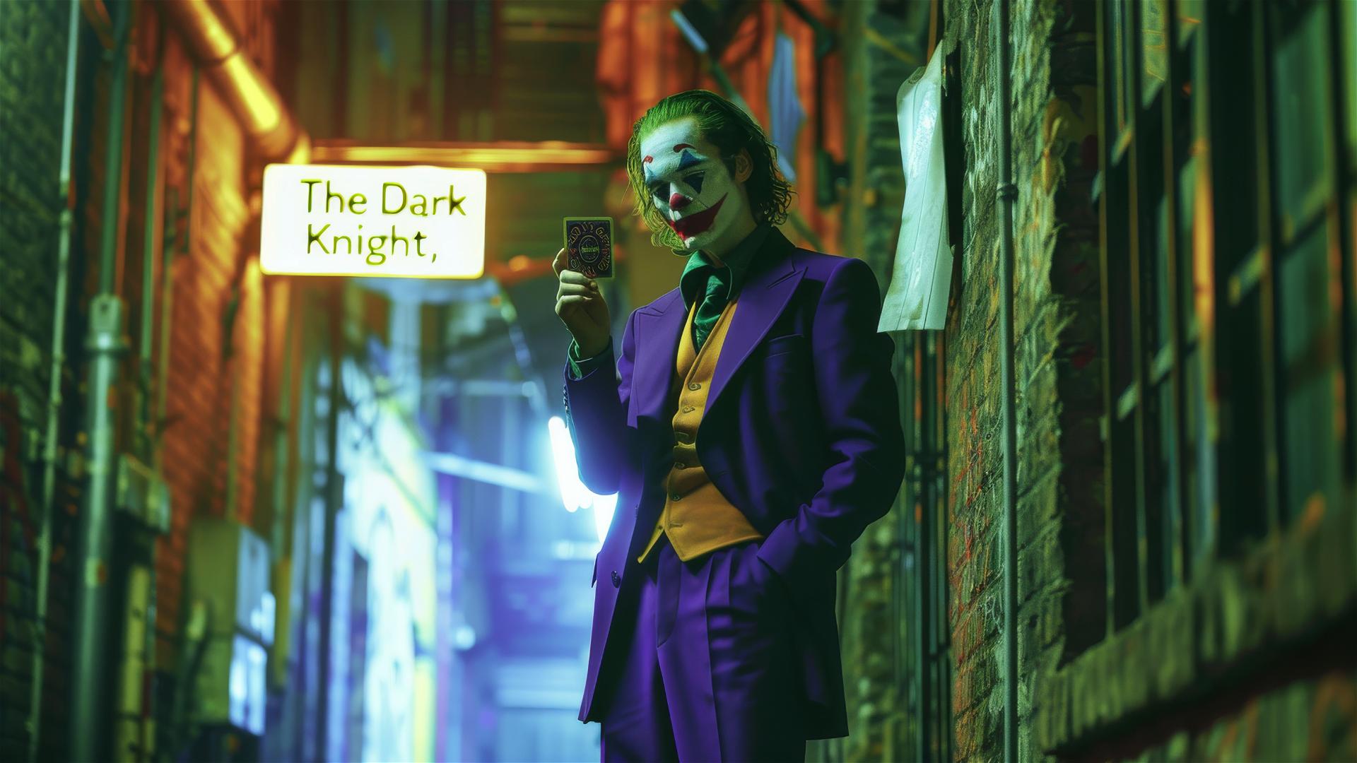 Heath Ledger's Joker in a grimy Gotham alley, holding a Joker card.
