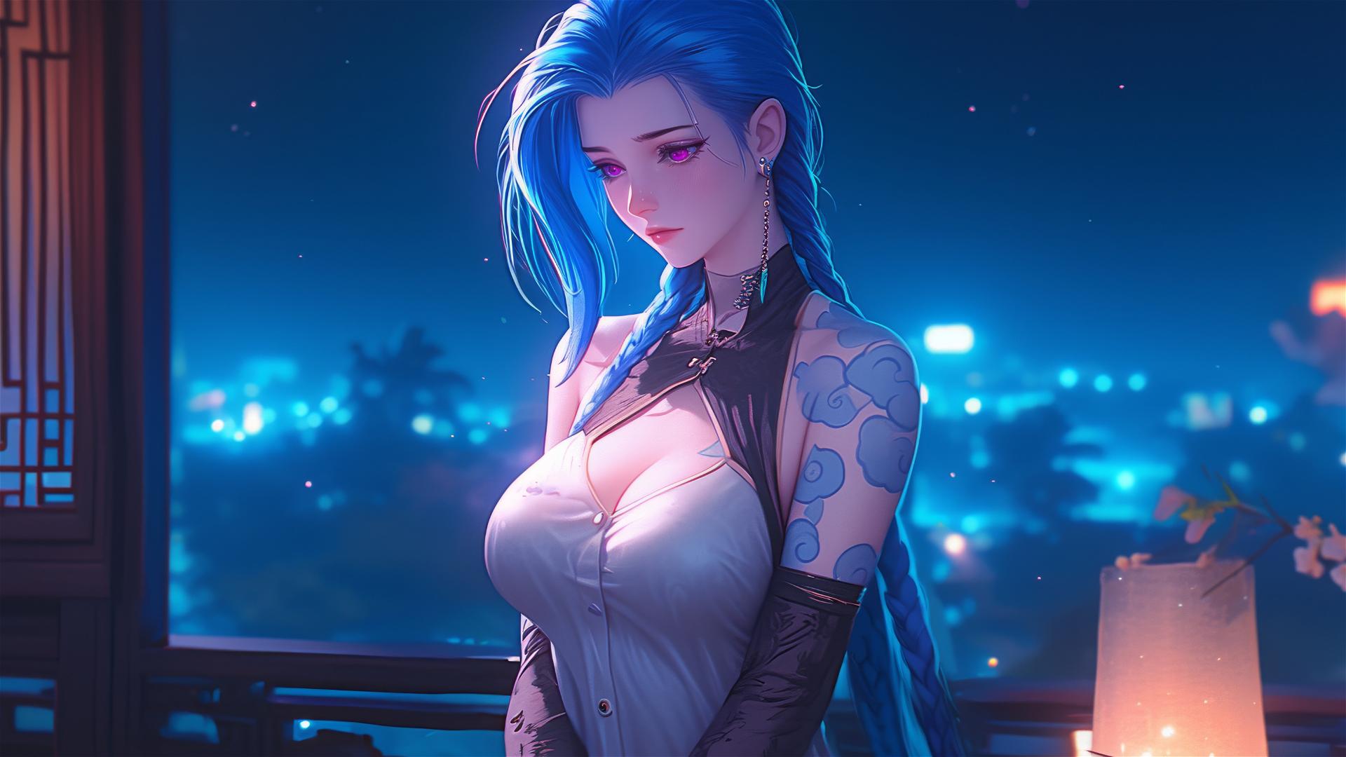 Jinx from League of Legends stands in an apartment under moonlight
