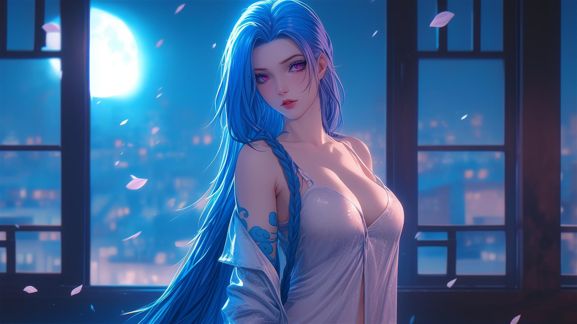 Jinx from League of Legends standing in an apartment bathed in moonlight.