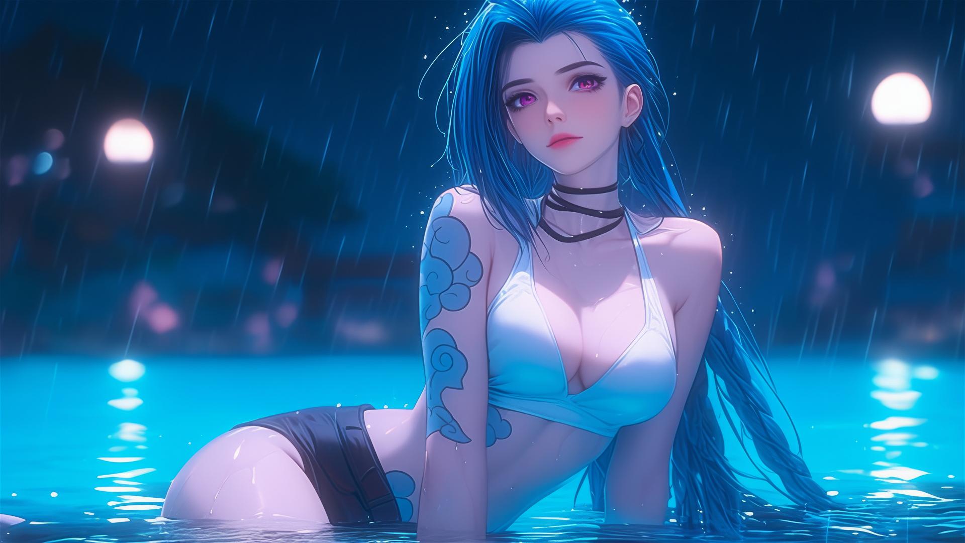 Jinx from League of Legends resting by a rainy pool at night.
