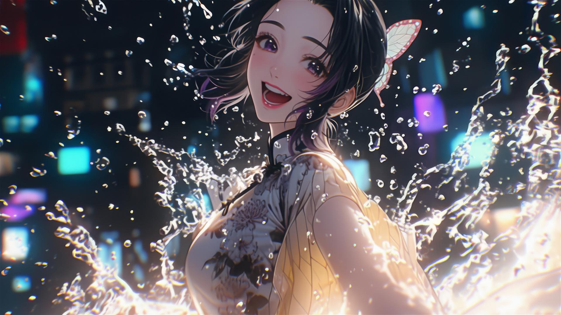 Shinobu Kocho from Demon Slayer in a flower-filled tub at a Chinese spa