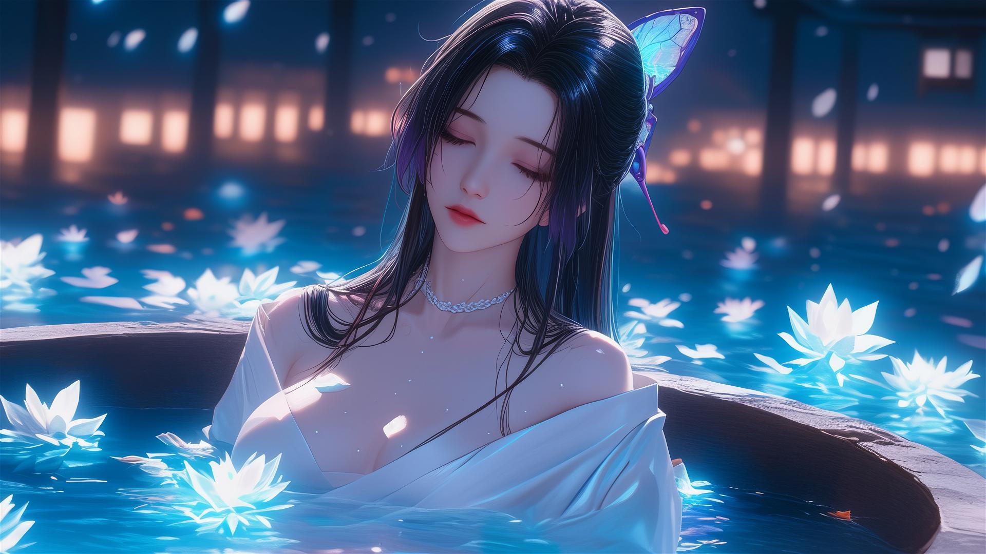 Shinobu Kocho from Demon Slayer in white dress inside a tub of flowers