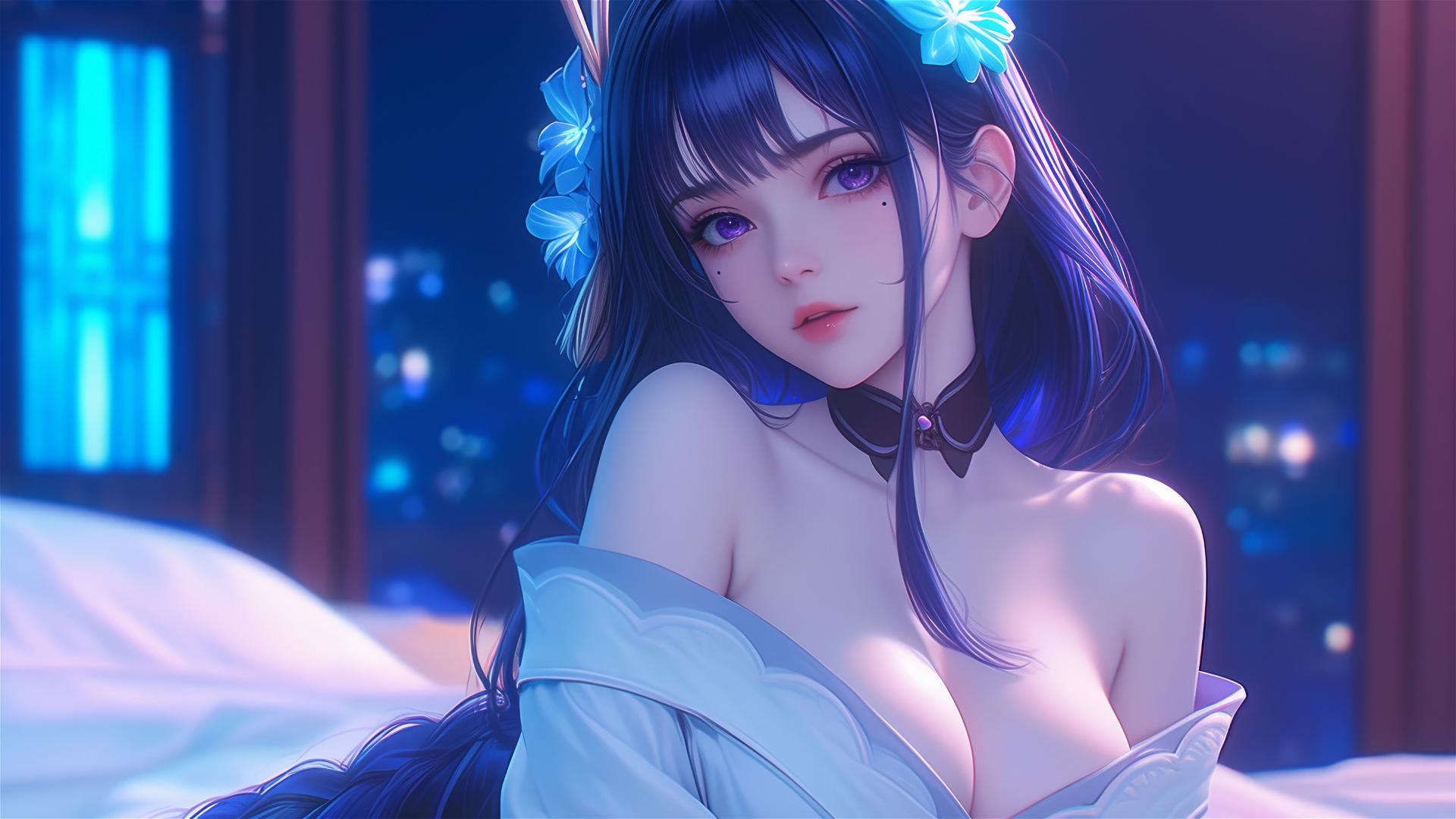 Raiden Shogun from Genshin Impact resting at a modern hotel under moonlight