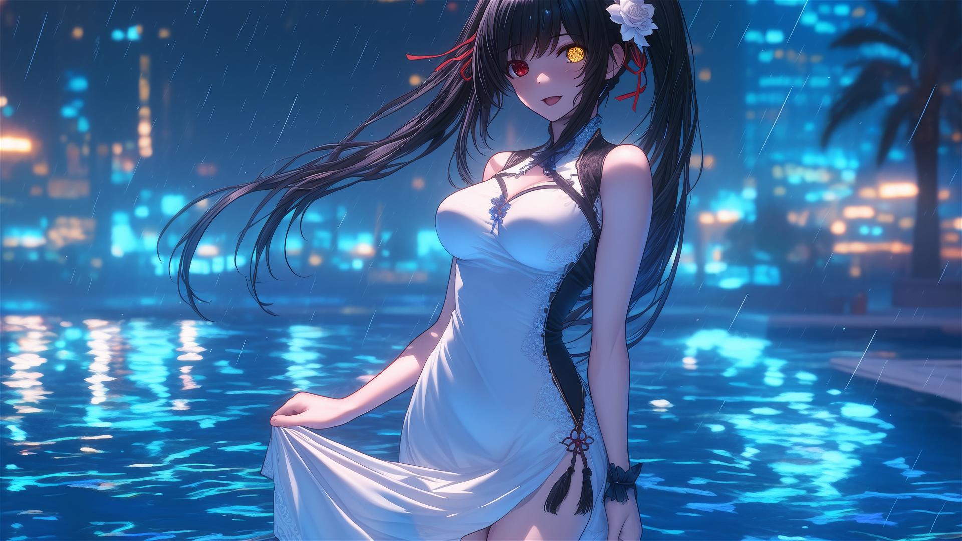 Kurumi Tokisaki in a white dress stands in a rainy swimming pool, moonlight glow.