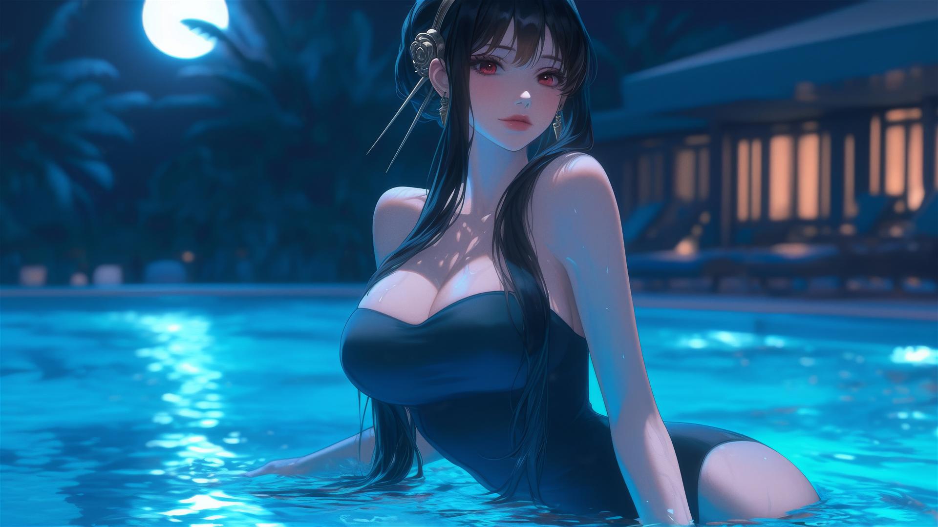 Yor Forger as a bunny girl resting at a pool under moonlight