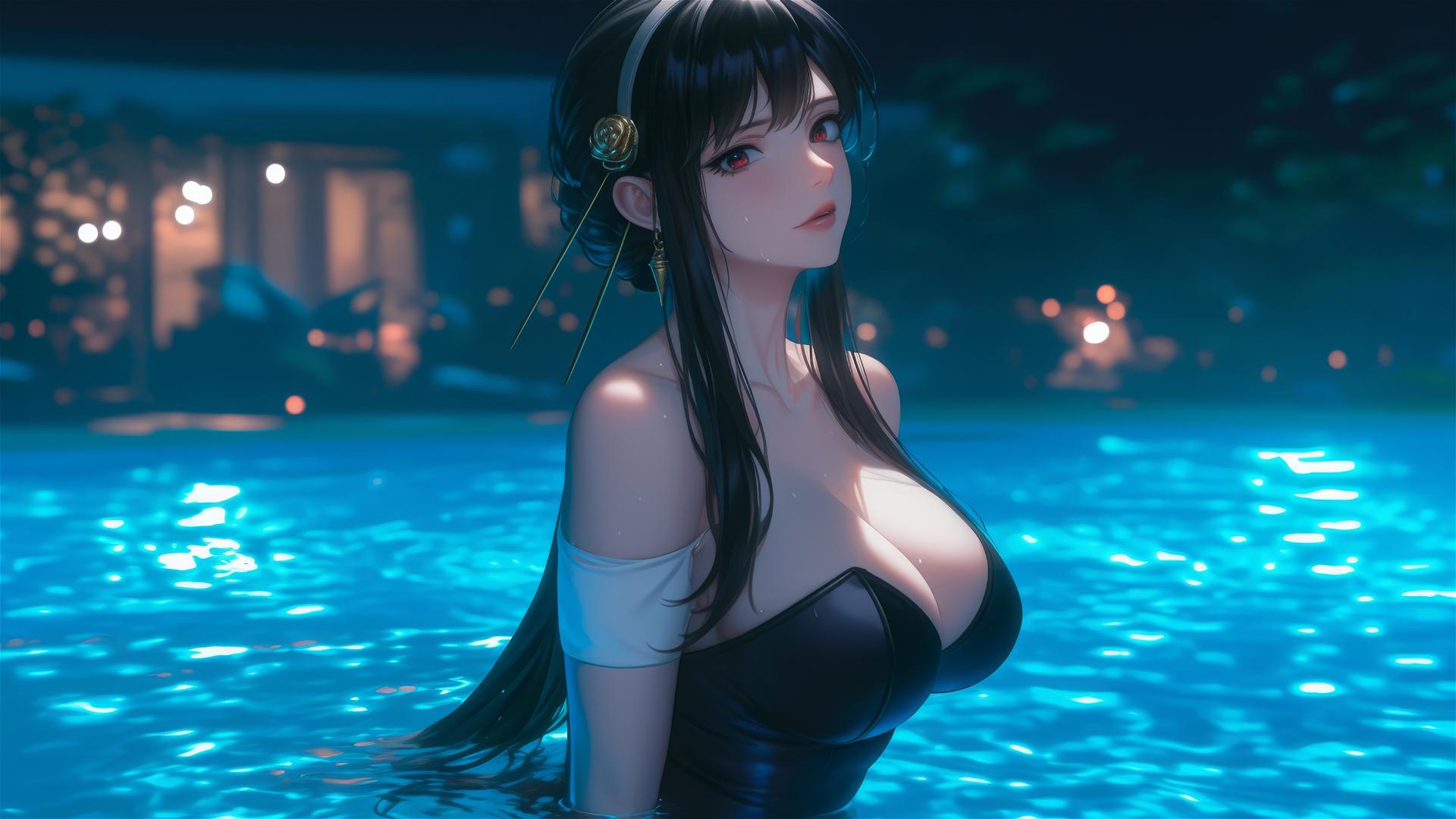 Yor Forger from Spy x Family in bunny girl outfit, standing in a pool under moonlight