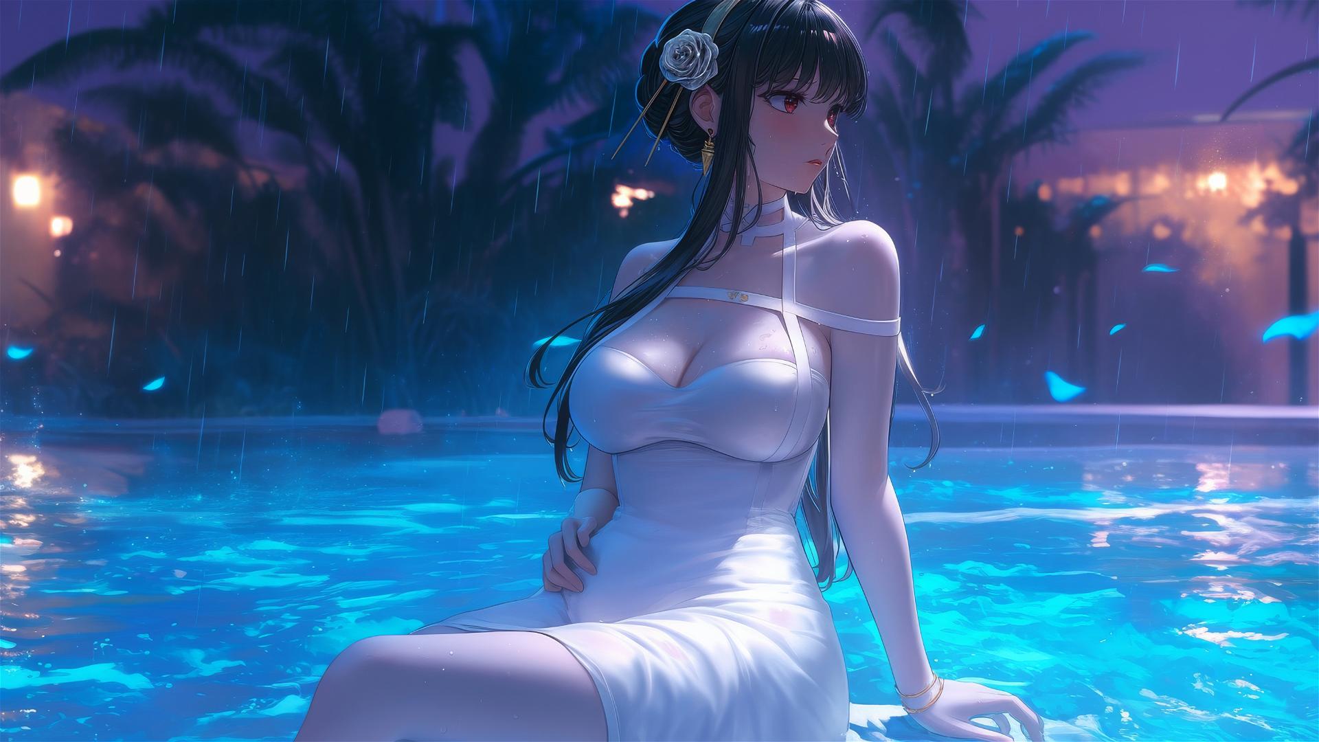 Yor Forger in white dress by moonlit rainy pool