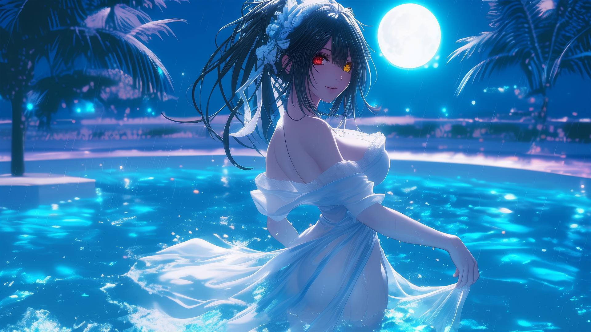Kurumi Tokisaki from Date A Live stands in rainy pool, moonlight glow, white dress