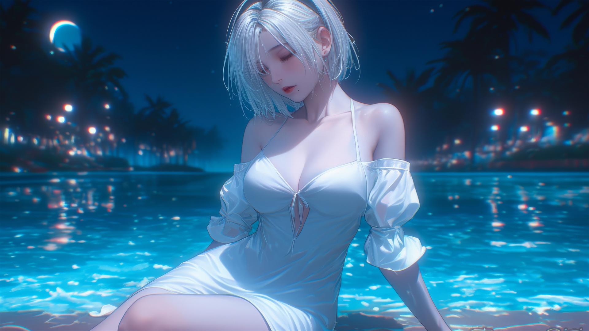 2B from Nier in casual pure white clothing sits leisurely by a rainy pool with moonlight.