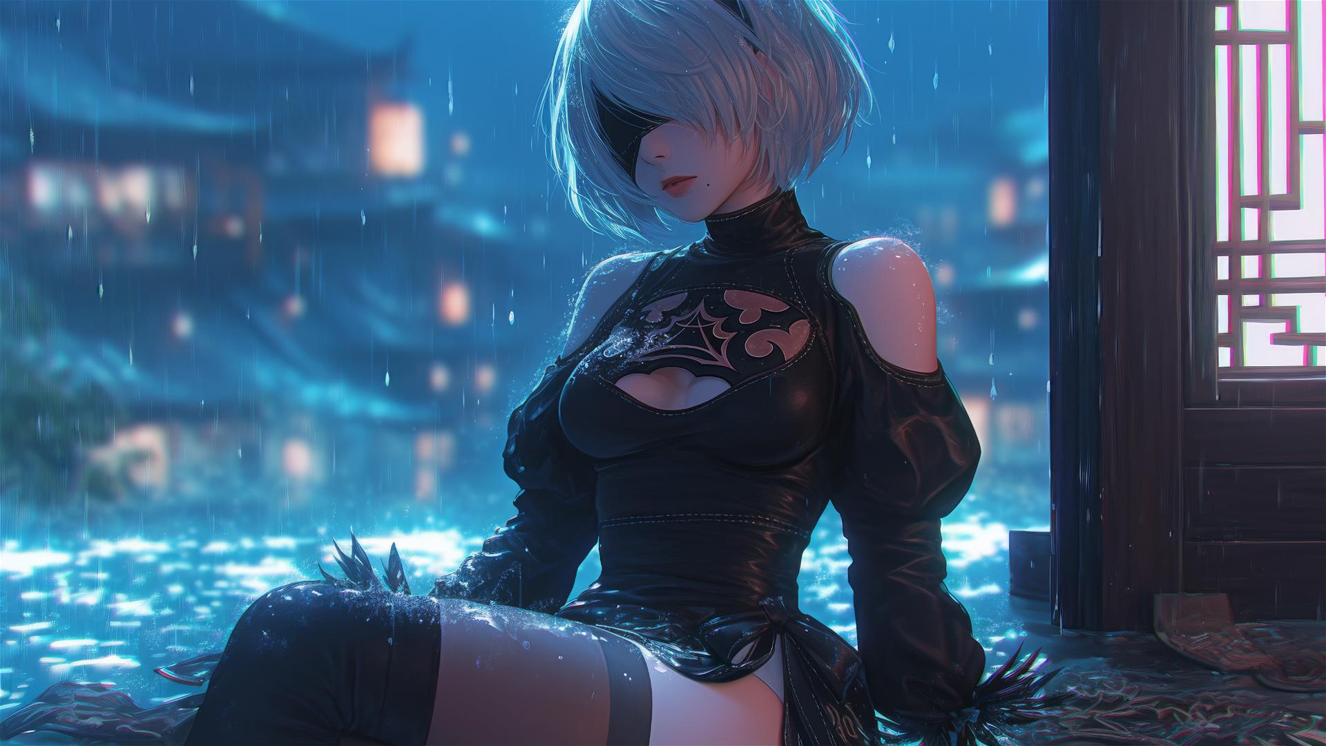 2B from Nier in casual attire, sitting relaxed by a rainy pool with moonlight.