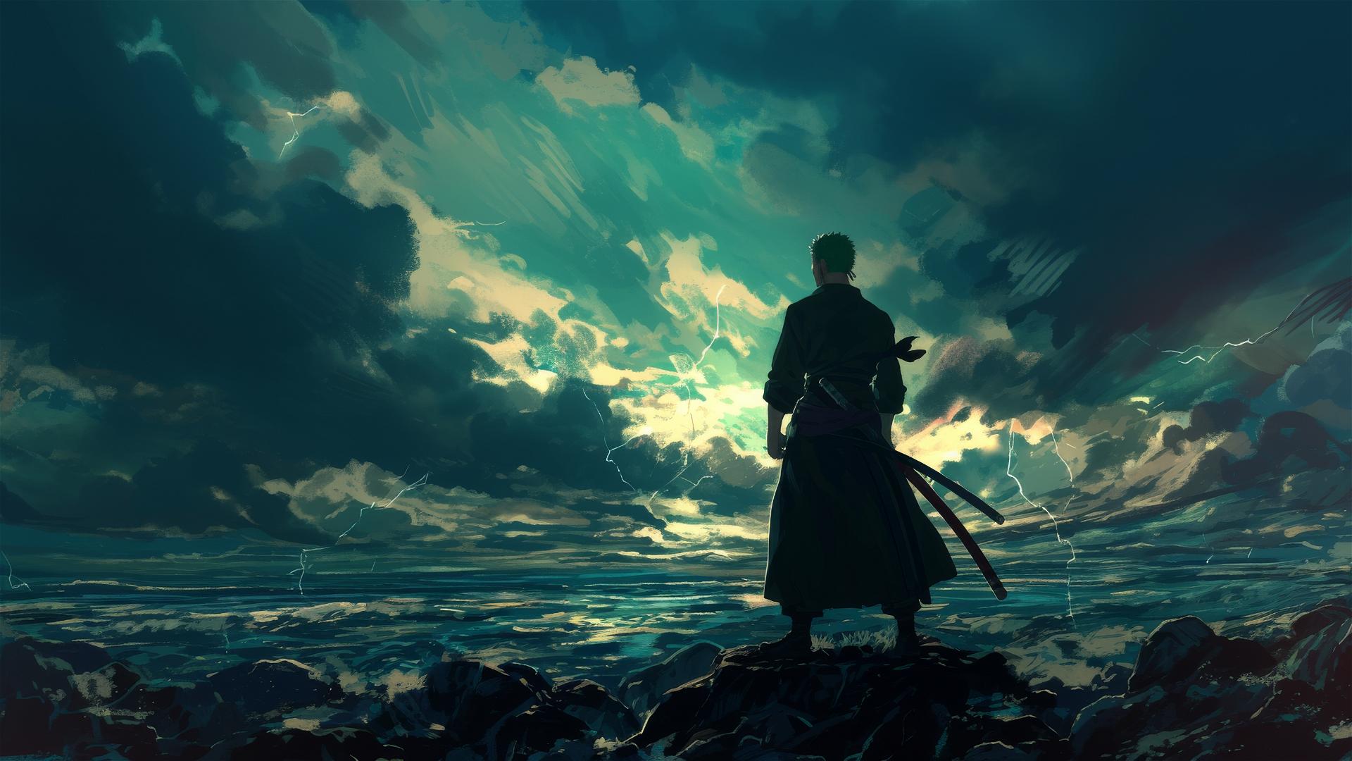 Roronoa Zoro silhouette with green hair against a stormy sea and lightning