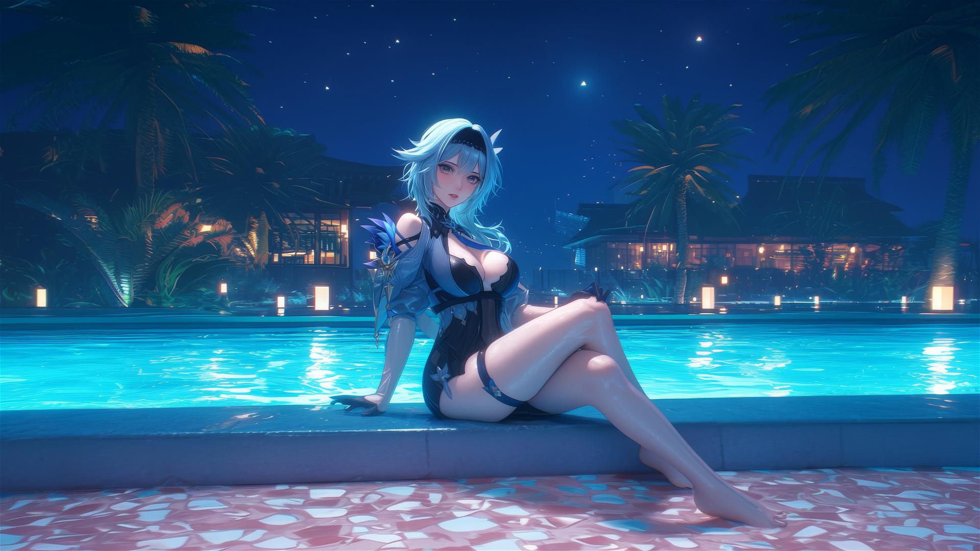 Eula Lawrence from Genshin Impact resting at a swimming pool under moonlight