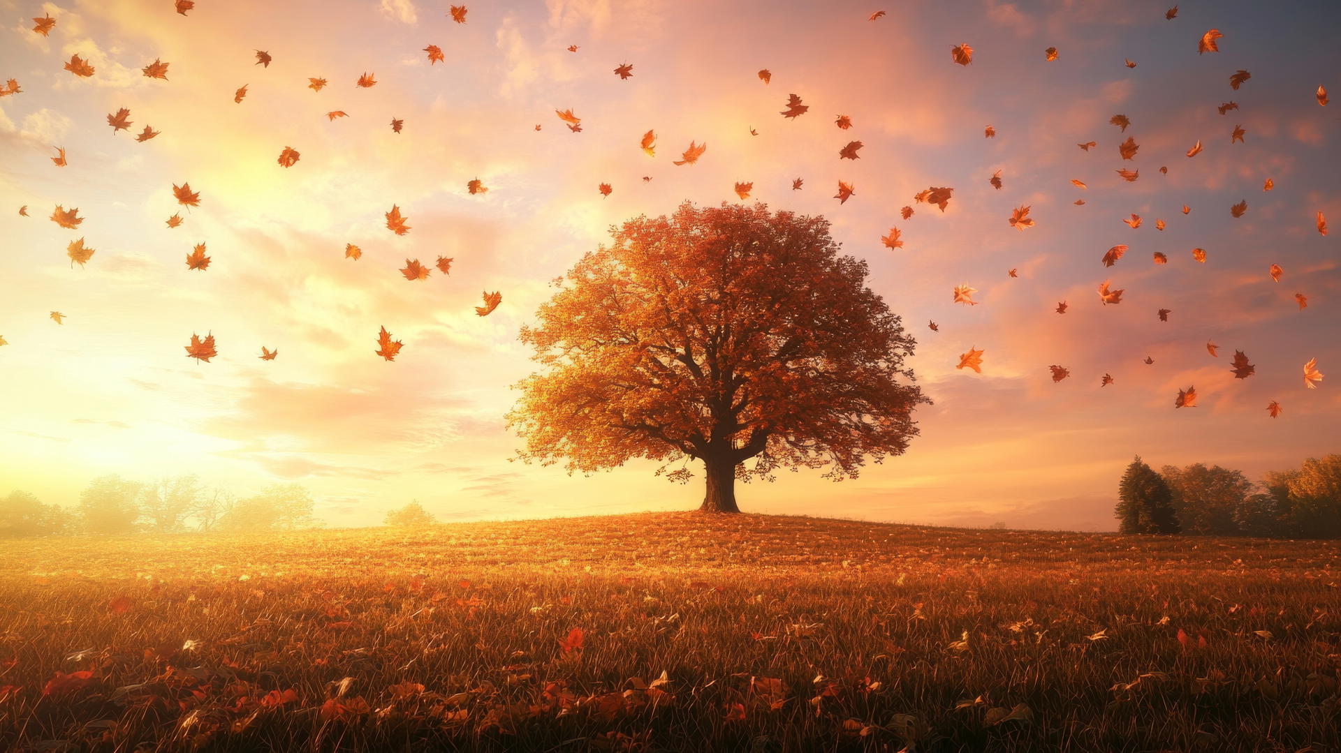 thanksgiving wallpaper aesthetic with a serene landscape featuring an ancient oak tree and falling leaves at sunset
